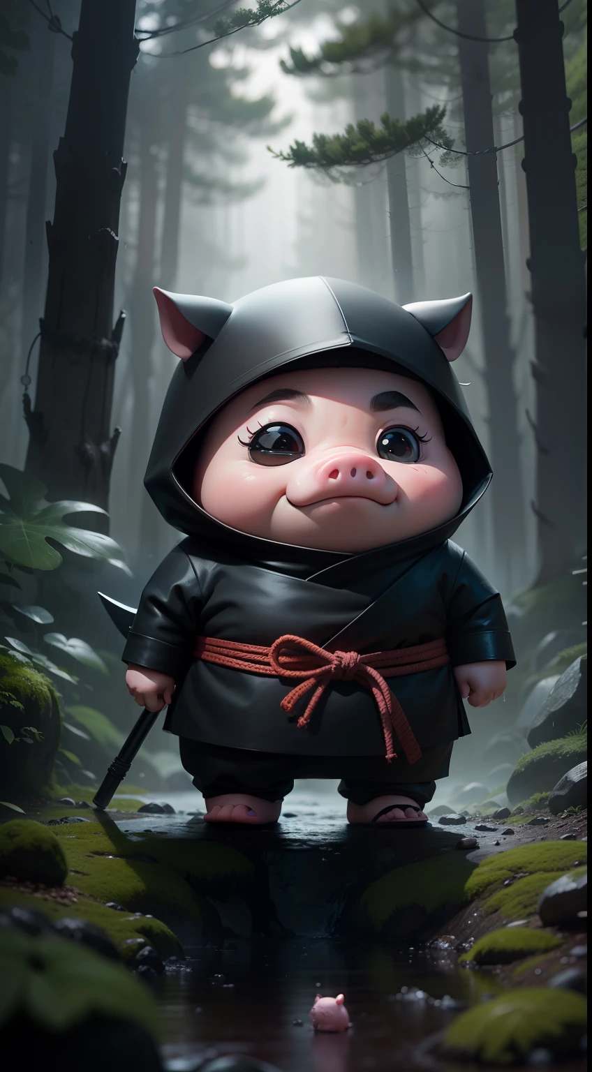 Create a vibrant dark fantasy cute ninja pig in a clean-lined minimalistic cartoon style, in the background a beautiful forest, rain, octane render, 8k