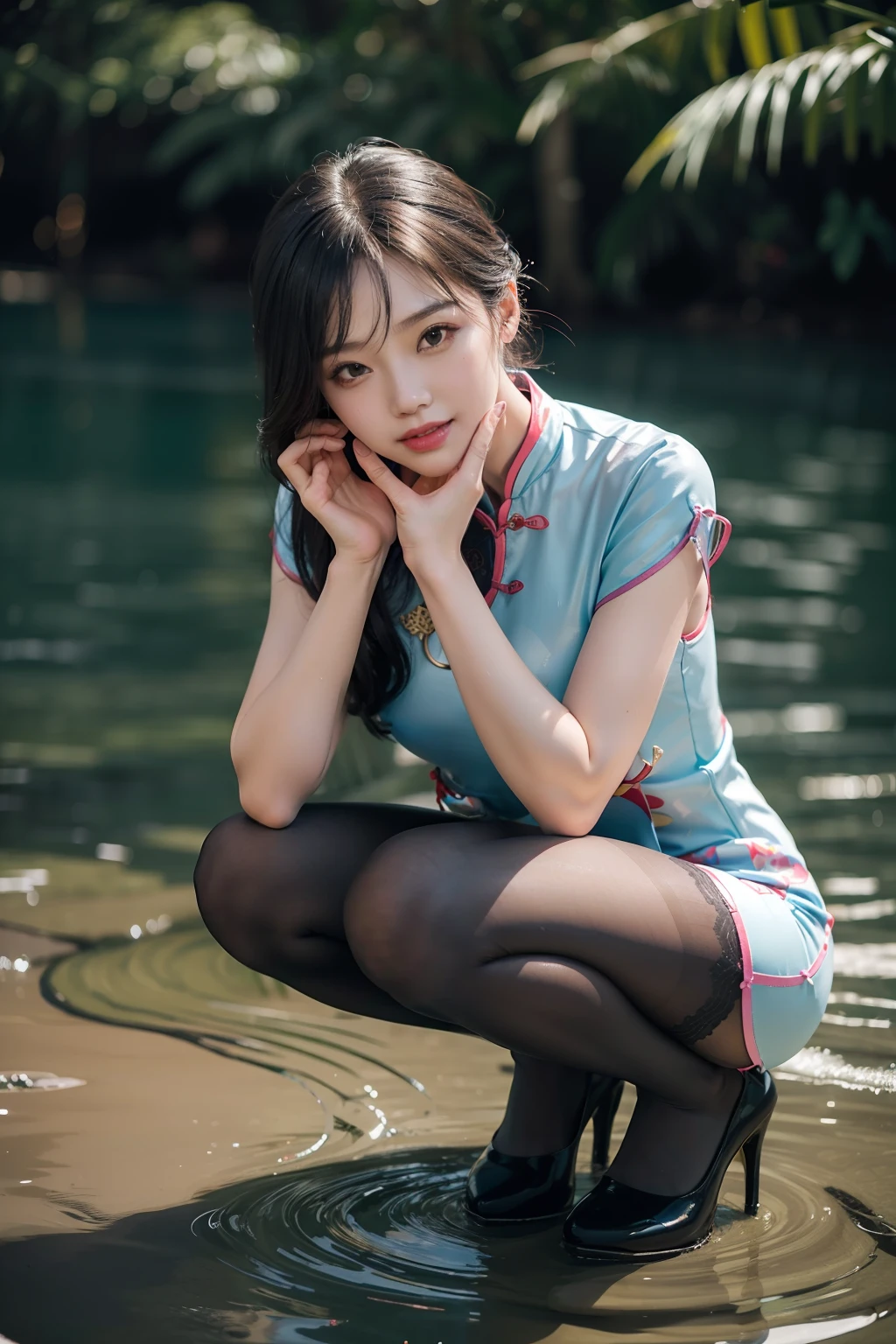 (full body:1.5)，(looking at viewer:1.4)， (Wearing Pantyhose, high heels, and Republic of China cheongsam:1.2), (Squatting down in the water:1.2),(In pink|amarelo|blue colors|green color|red colour|white colors|black in color|purpleish color|greys|Beige|Flesh color 1.4)，(Accurate and perfect face:1.4),A shallow laugh,,hyper HD, Ray traching, reflective light，structurally correct, Award-Awarded, high detal, lightand shade contrast, Face lighting，cinmatic lighting, tmasterpiece, super detailing, high high quality, high detal, best qualityer, 16k，high contrast,
