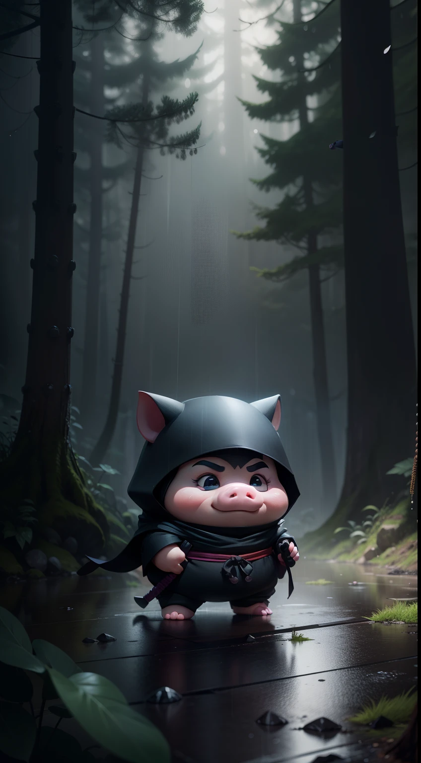 Create a vibrant dark fantasy cute ninja pig in a clean-lined minimalistic cartoon style, in the background a beautiful forest, rain, octane render, 8k