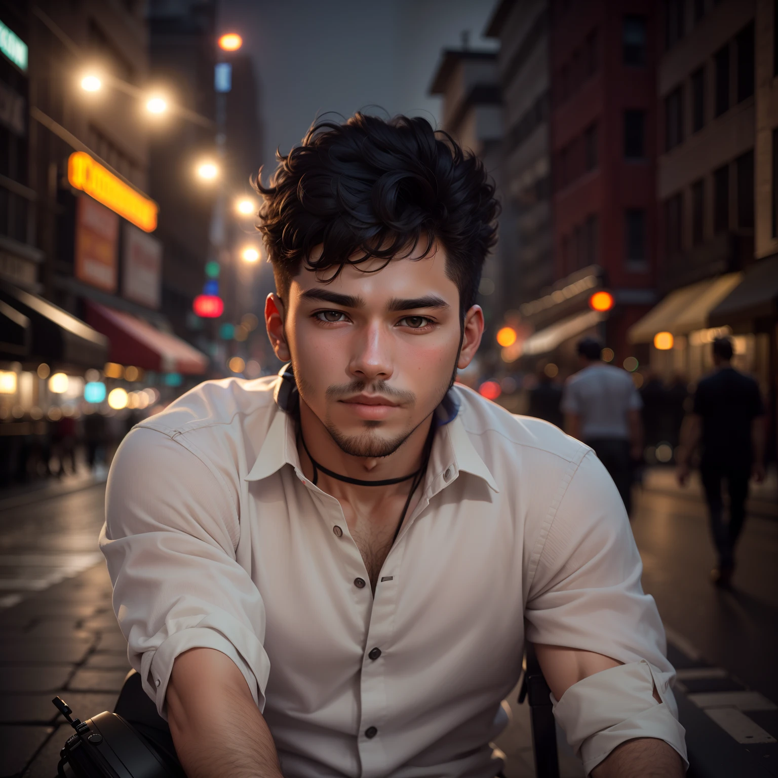 RAW photo, a portrait photo of 25 y.o man in casual clothes, night, city street, (high detailed skin:1.2), 8k uhd, dslr, soft lighting, high quality, film grain, Fujifilm XT3