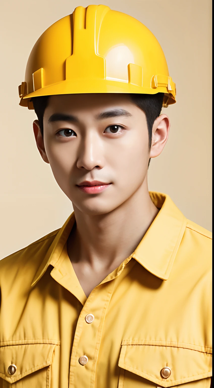 Asian male renovation worker, A resolute face, Bronzed skin, The eyes are bright and luminous, Wear a yellow hard hat, Wear white half-sleeves，Photorealistic feeling, Masterpiece, hyper HD, Textured skin,, Super detail, Best quality, High quality, A high resolution, 4K