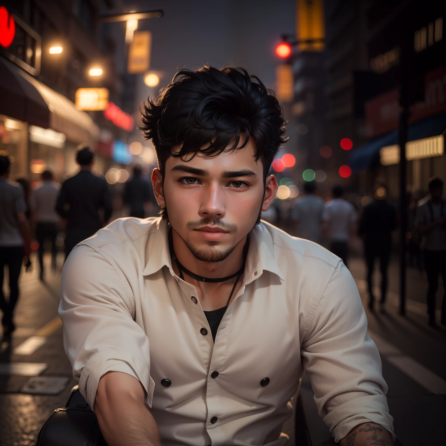 RAW photo, a portrait photo of 25 y.o man in casual clothes, night, city street, (high detailed skin:1.2), 8k uhd, dslr, soft lighting, high quality, film grain, Fujifilm XT3