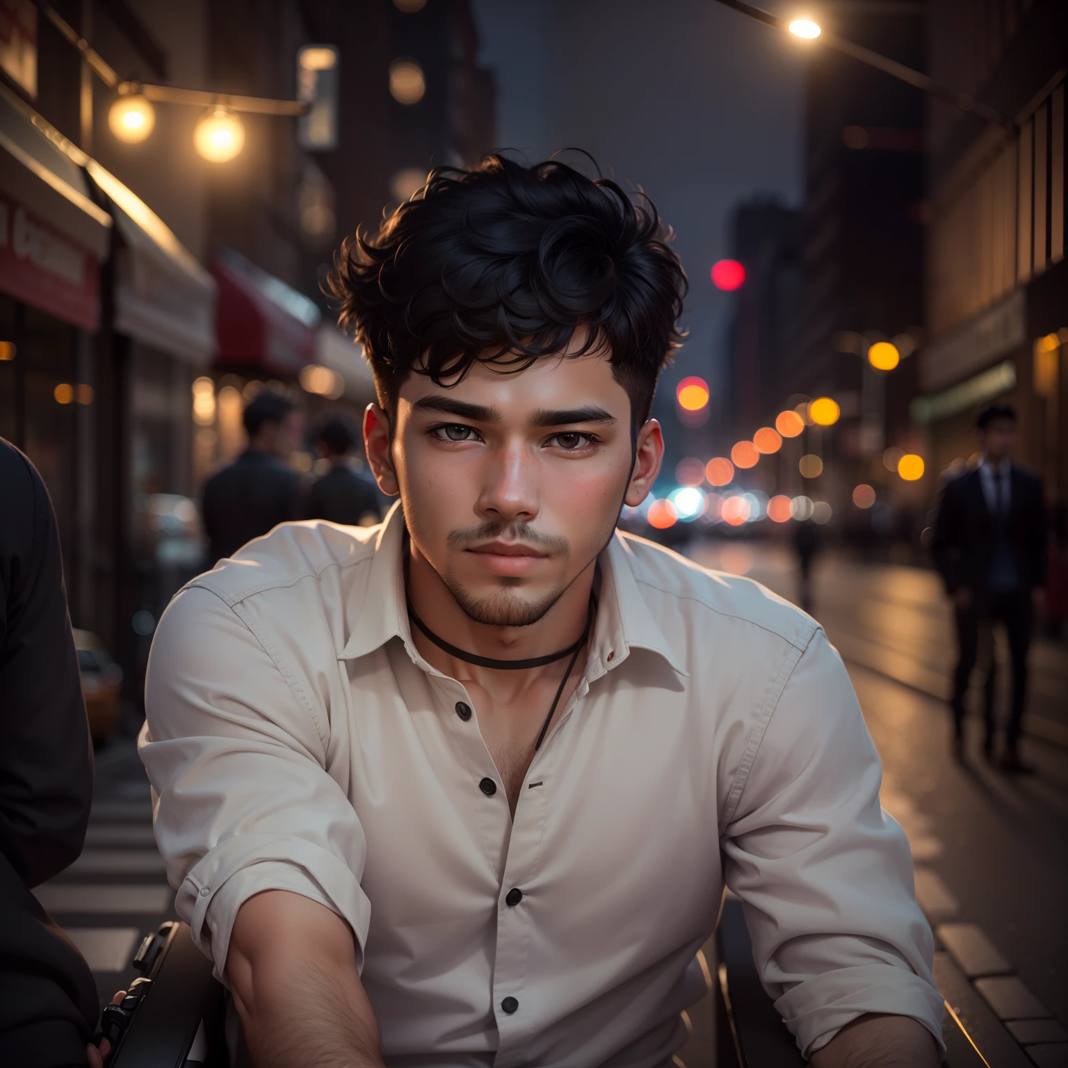 RAW photo, a portrait photo of 25 y.o man in casual clothes, night, city street, (high detailed skin:1.2), 8k uhd, dslr, soft lighting, high quality, film grain, Fujifilm XT3