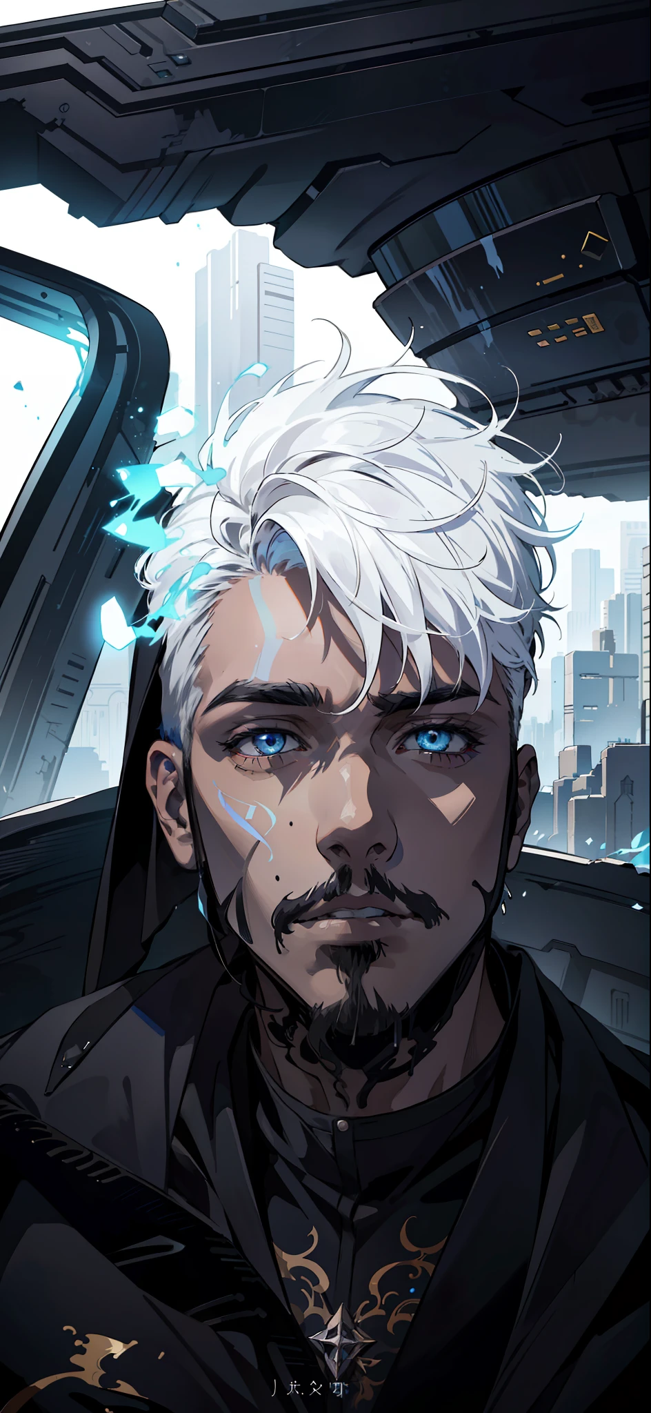 Cyberpunk male, fantasy world, dark background, clean design, epic instagram, artstation, colorful paint splatter, silhouette, hyper detailed intricate details, unreal engine, fantasy, intricate details, splash screen, complementary colors, Fantasy concept art, 8k resolution, deviantart masterpiece, oil painting, heavy strokes, paint dripping, (isolated on white background: 1.3), rainbow skin, (((handsome young man))), ((teenage:1.5) ), (glowing blue eyes), ((light eyes)), ((((short white hair: 1.1))), ((black clothes)), (prince\\(indifferent expression\\),, ( ((Wears high detail luxurious black robe))), white hair, frost magic, ((chest) --v 6