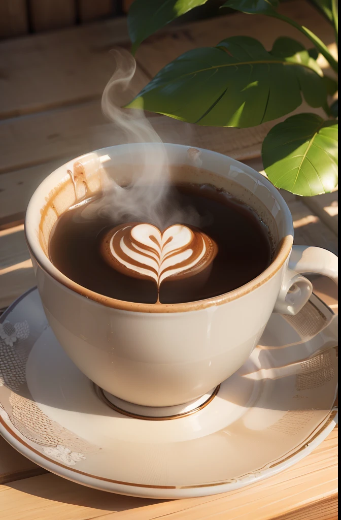 ((Masterpiece, best quality, photo realistic)) Coffee-scented summer afternoon with the aroma wafting through the air, capturing the essence of relaxation and warmth.