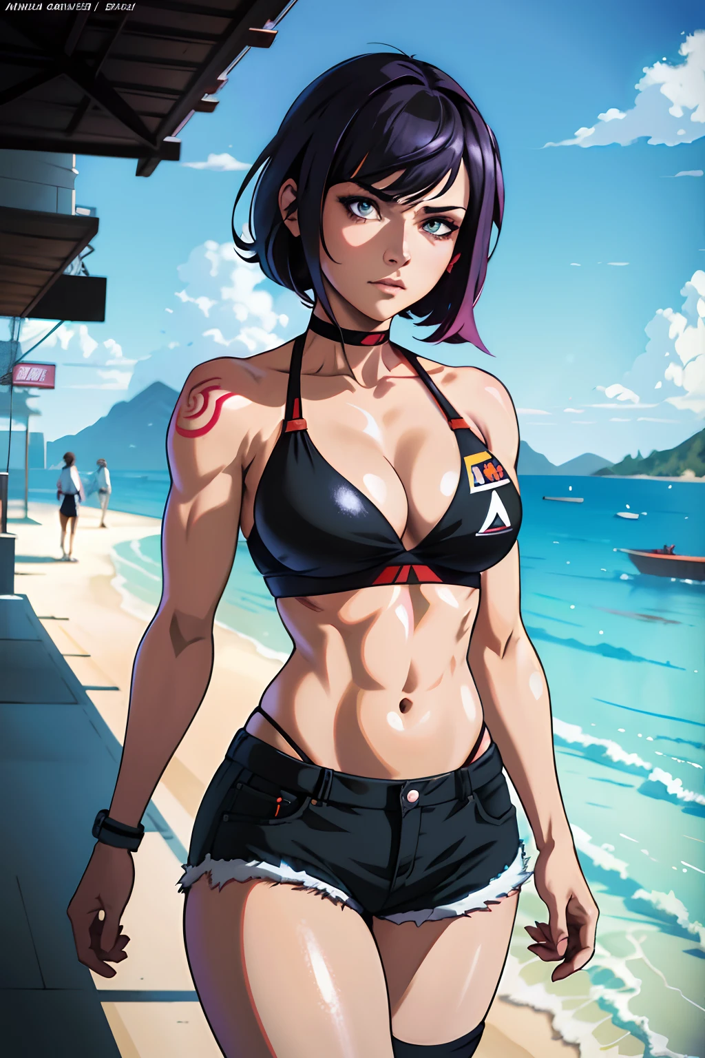 1 girl alone, sozinha, cabelu curto, cabelo vermelho, olhos pretos, Garota de anime com tatuagens posando em um bikini, academia, shorts, , bikini, arte digital de anime, garota anime ,  de anime feminino, arte de anime , muscular!, big oppai , Ilya Kuvshinov, badass anime 8 k, arte de anime,
