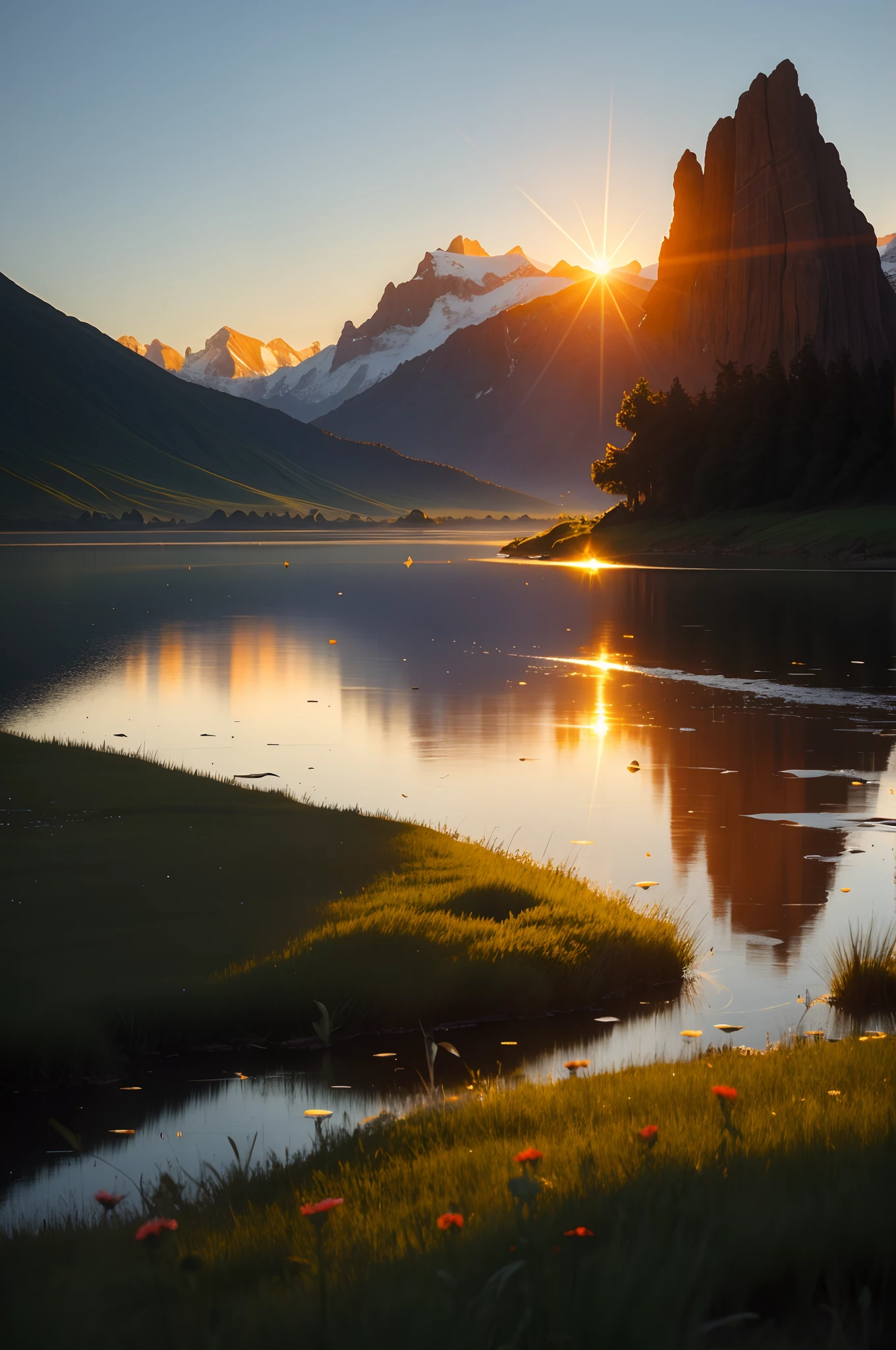 mountains are in the background, paisagem lindamente iluminada, sol enorme nasce entre duas montanhas, Marcos Adamus, majestosa paisagem natural, cena quente e bonita, luz do nascer do sol grande, Nascer do Sol na Montanha, bela luz de fundo, reflexos de luz impressionantes, early morning light, an amazing landscape image, bela paisagem, epic sunrise, Luz gloriosa, lindo nascer do sol, beautiful scenery, golden morning light, bela luz de fundo natural