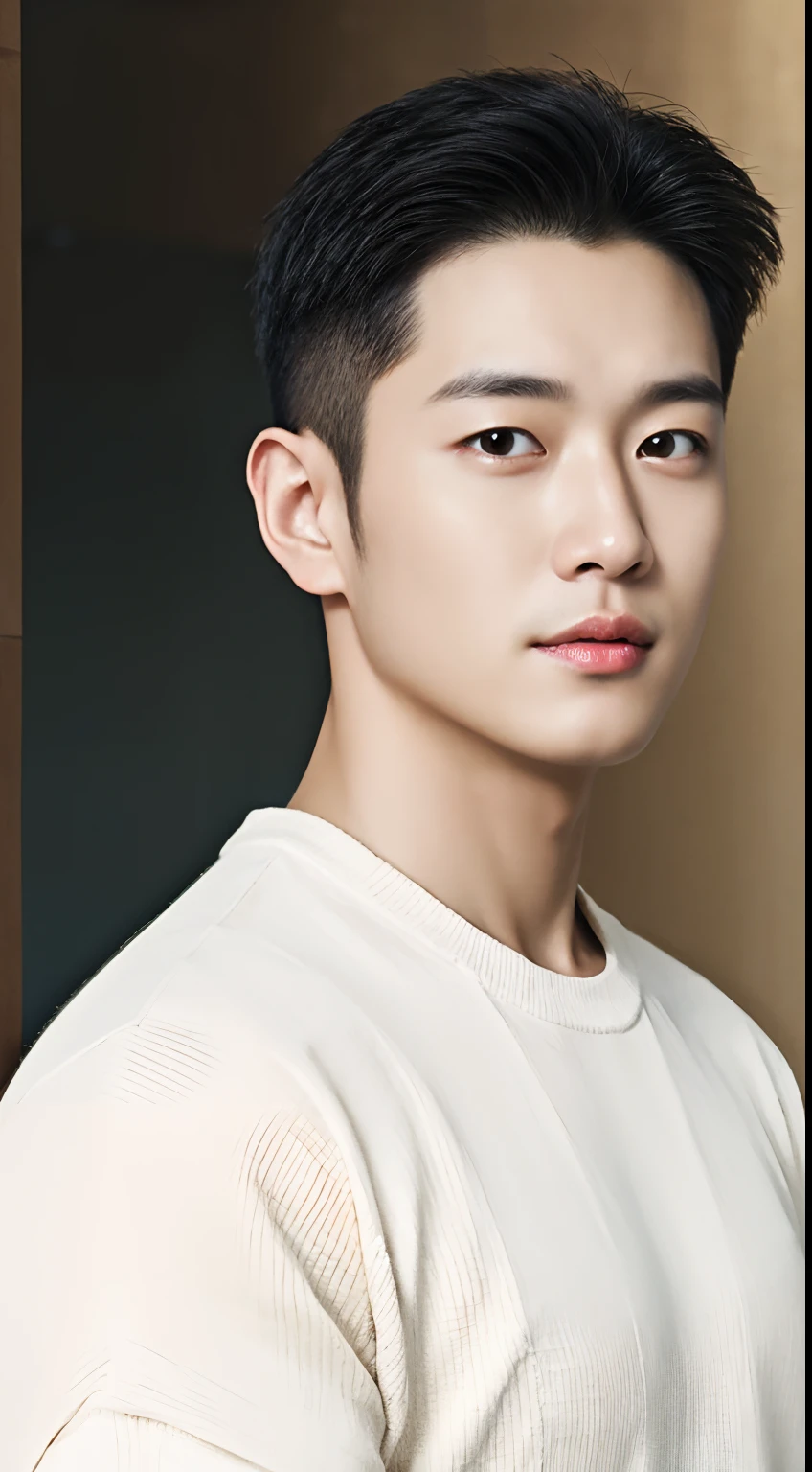 Asian male renovation worker, A resolute face, Bronzed skin, The eyes are bright and luminous, Wear white half-sleeves,Photorealistic feeling, Masterpiece, hyper HD, Textured skin,, Super detail, Best quality, High quality, A high resolution, 4K