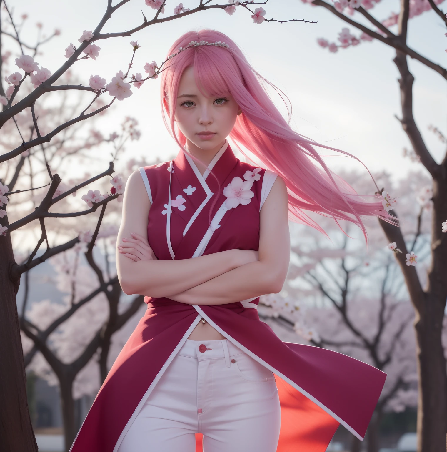 Sakura uchiha. A woman was standing with her arms folded across her chest. At a cherry blossom garden. He wore a red kimono with a white sleeveless line in it. Combined with white Levis pants. His skin is so white. She's wearing a silver bracelet. The long, pink hair was not pulled up by the wind. Her cheeks were rosy. She's so pretty and realistic