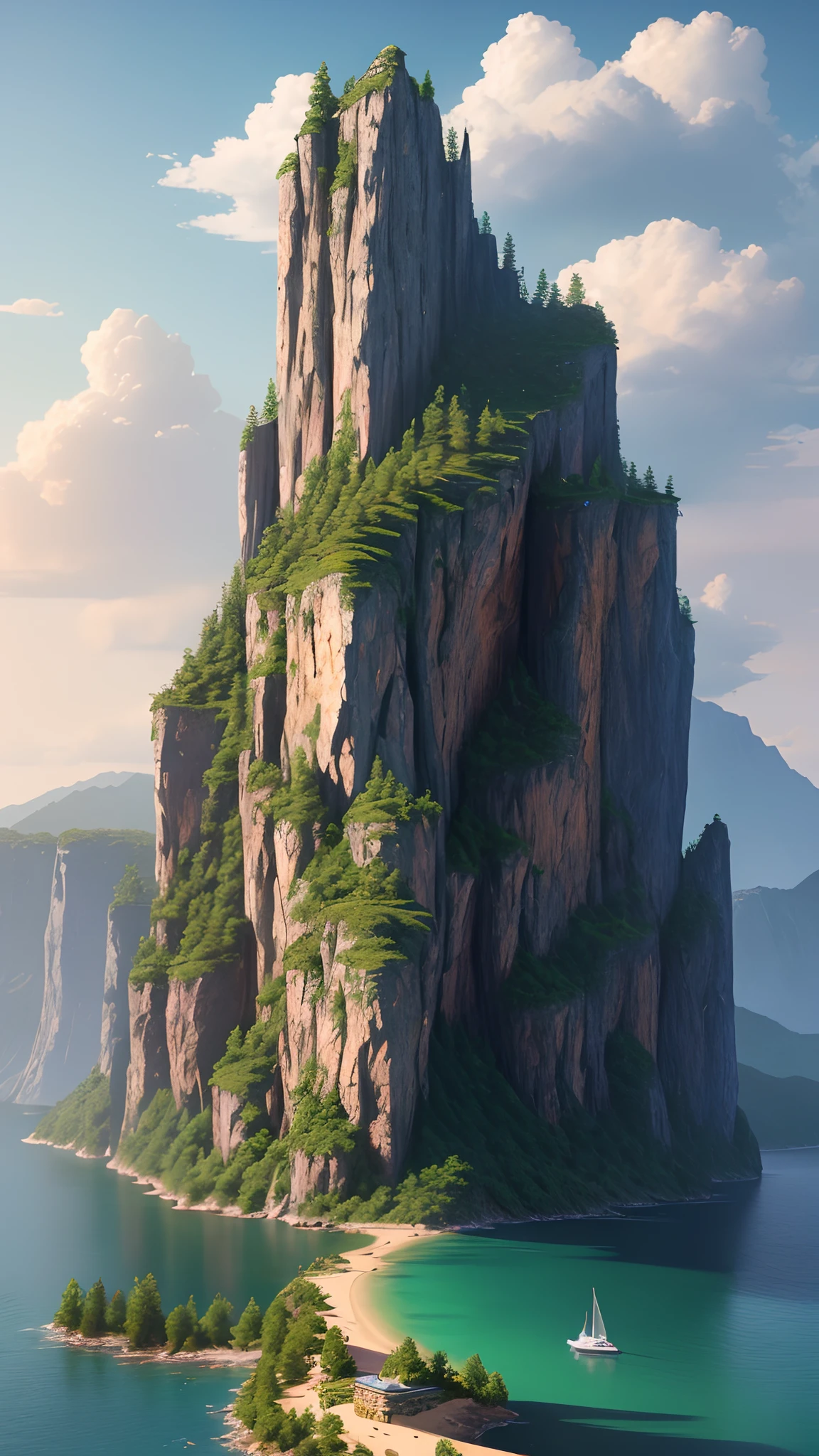 Masterpiece, best quality, high quality, extremely detailed CG unity 8k wallpaper, landscape, outdoor, sky, cloud, sky, no humans, mountain, landscape, water, tree, blue sky, waterfall, cliff, nature, lake, river , cloudy skies, award winning photography, bokeh, depth of field, HDR, bloom, chromatic aberration, photorealism, very detailed, trending on artstation, trending on CGsociety, intricate, high detail, dramatic, midjourney art