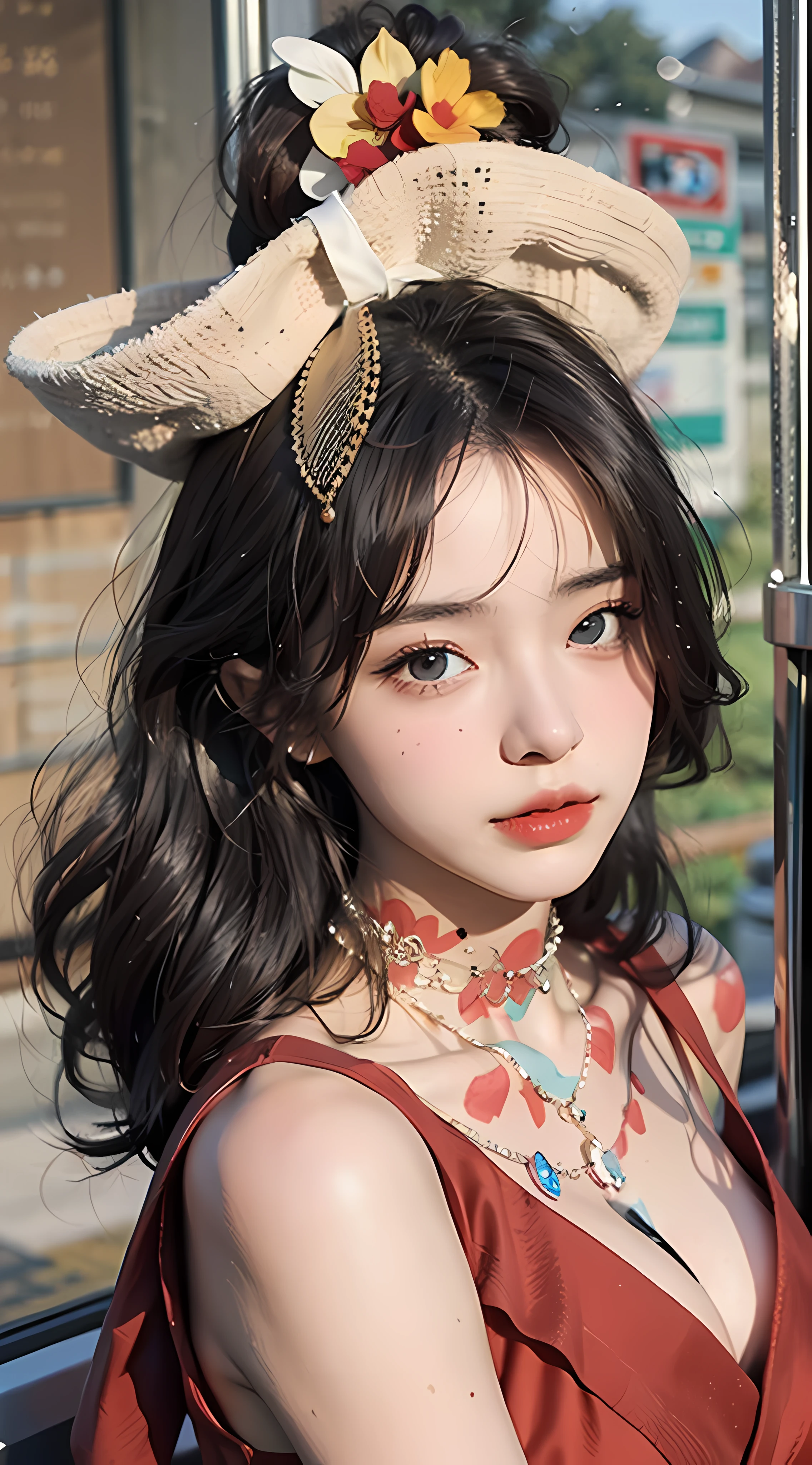 Random posture,1Girl,flirting,beautiful,lip,realisitic,a photo of_\(medium\),soio,(Masterpiece),(realisitic:1.3),The ultra-detailliert,(High Definition Skin:1.2),(Best Quality:1.0), (The ultra-Highres:1.0), (ulzzang-6500:0.3), beautiful and clear eyes, delicate necklace,sunshine, (Delicate makeup is beautiful), (Sexually aroused blush, heavy breathing,:1.0) , Mix 4, s whole body, red dress
