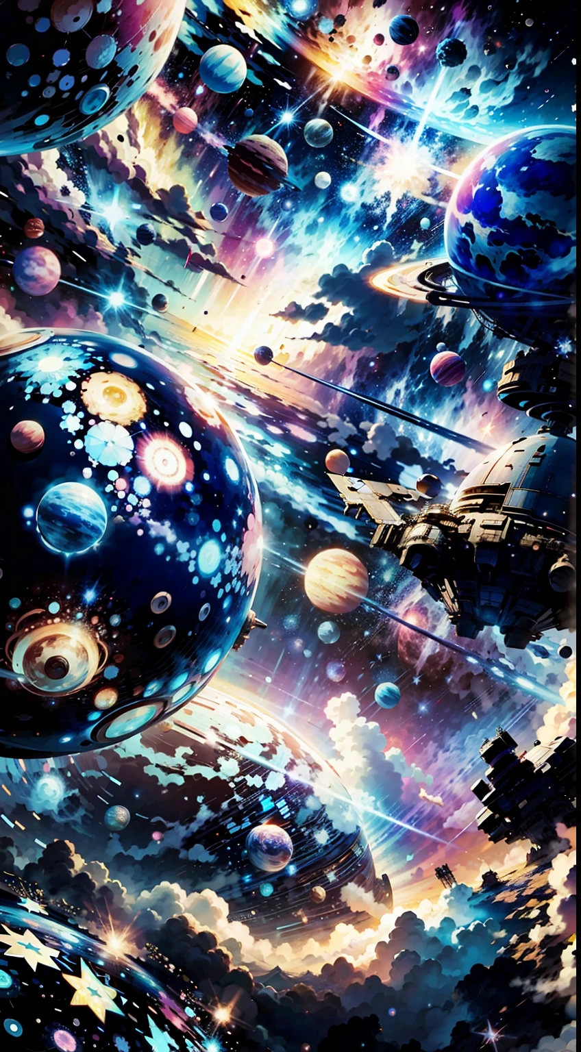 space with all the planets blue and pink colour with bright white stars  background in the style of Miyazaki, —ar 21:9