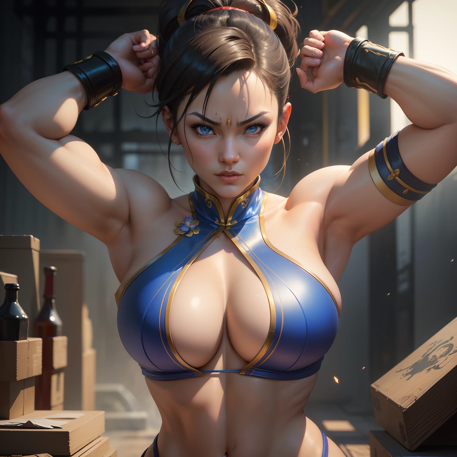 Street Fighter chun li, Perfect eyes, Perfect Iris, very sexzy pose,Acrylic art by Artgerm and Gediminas Pranckevicius, intricate, highly detailed, crispy quality, dynamic lighting, hyperdetailed and realistic., 8k, UHD, HDR, (Masterpiece:1. 5), (best quality:1. 5) Model: jim EIDOMODE