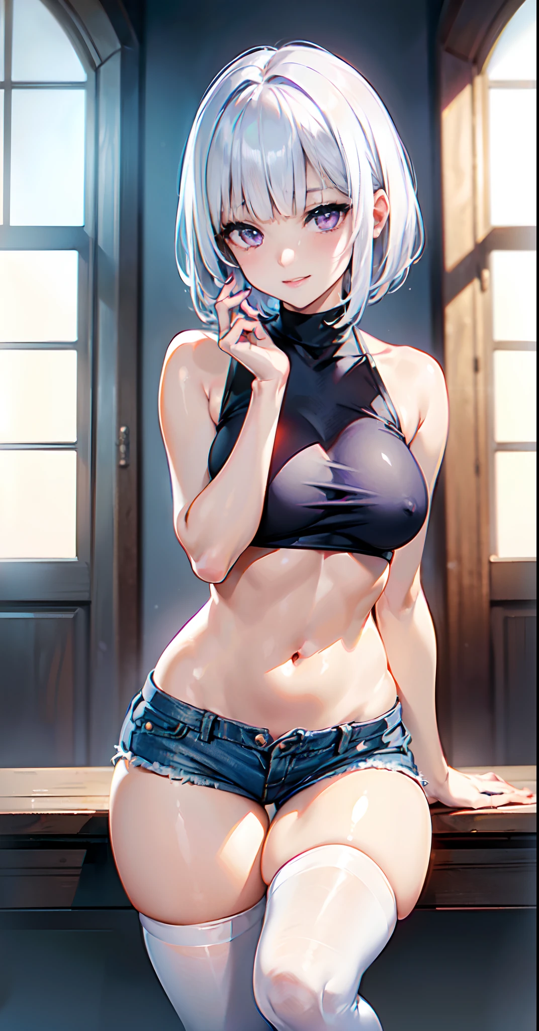 1 girl,Solo、masterpiece、Detailed beautiful face、Detailed beautiful eyes、hight resolution、Beautiful lighting、An ultra-fine illustrations、extremely delicate and beautiful、top-quality、Slender and perfectly styled woman、((sexy pose、Poses to seduce、Obscene poses))、(Cute、Young Girl)、(The eyes are detailed and beautiful),Curvaceous, A smile、(shinny hair, Glossy eyes, shinny skin), (glistning skin) 、thighs thighs thighs thighs、Watch your audience、under the boobs、blushed、Blushing cheeks,(Red shirt、Sleeveless 、turtle neck),(denim hot-pants:1.3、lowrise),((White hair、Blunt bangs、bowl cut hair:1.3、Purple eyes))、(White Thigh Socks)、(small tits)、The navel is visible