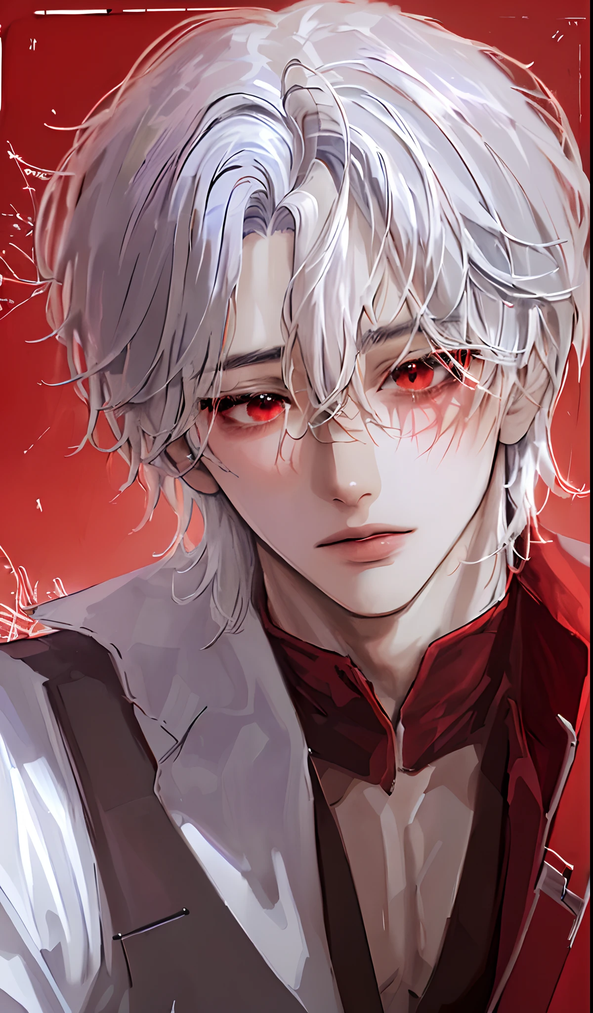 (absurdres, highres, ultra detailed),(Masterpiece, best quality:1.2),1boy,close up shot,short hair,white hair,hair covering right hair, looking towards viewer, extremely detailed eyes,purplish red eyes, handsome