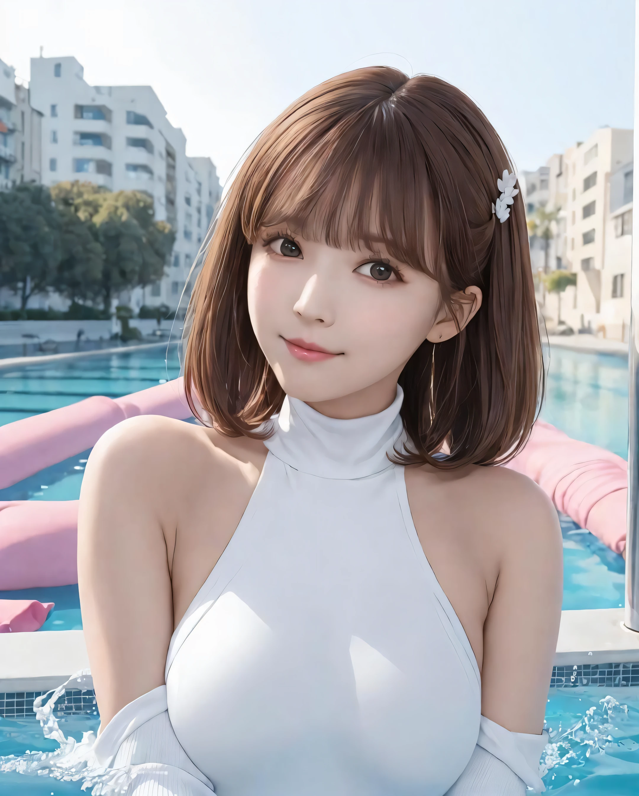 pureerosface_v1, best quality, photorealistic, 8k, high res, 1girl, woman, (skindentation), (portrait:0.6), gorgeous, dynamicpose, ((poolsidebackground:1.6)), coconut tree, ((mediumsize roundbreast, white highnecksweater:1.4)), straight-looking at viewer:1.8, (1girl eyes looking at viewer, medium-length hair, brownhair, partedbangs:1.65), (bokeh), smile:1.2, (closed mouth:1.16),