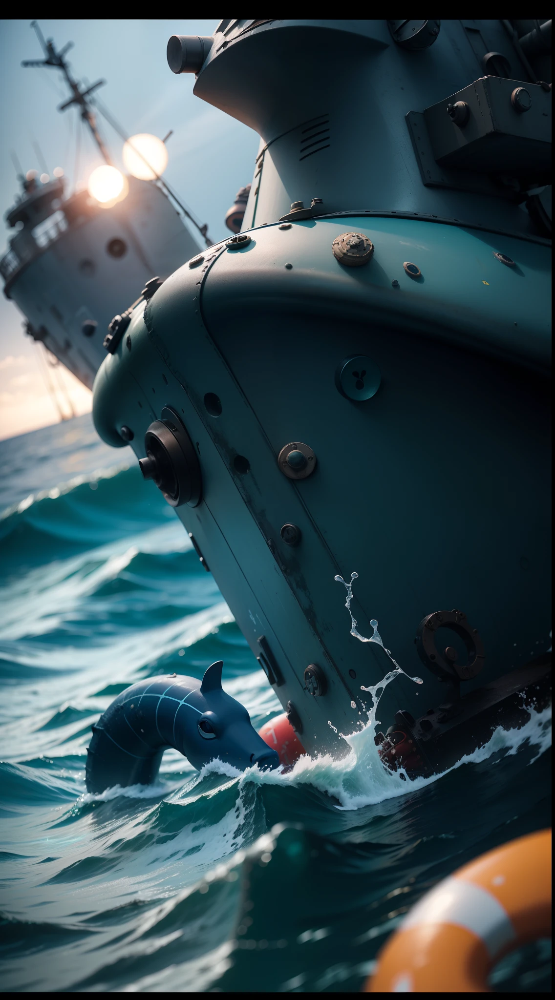 deep sea, war zone, navy, war scenery, seahorse, children's water warfare, toys, flag of Brazil, dark blue, light blue, light green, starfish, fish, striped buoy, ship anchor, bokeh blur , cinematic