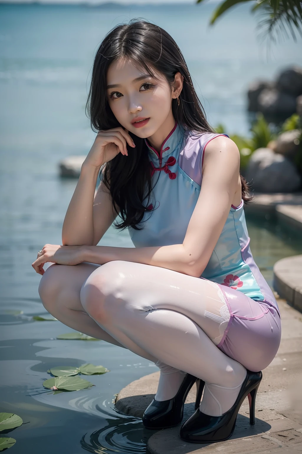 (full body:1.5),(looking at viewer:1.4), (Wearing Pantyhose, high heels, and Republic of China cheongsam:1.2), (Squat down in the water with legs apart:1.2),(In pink|amarelo|blue colors|green color|red colour|white colors|black in color|purpleish color|greys|Beige|Flesh color 1.4),(Accurate and perfect face:1.4),A shallow laugh,,hyper HD, Ray traching, reflective light,structurally correct, Award-Awarded, high detal, lightand shade contrast, Face lighting,cinmatic lighting, tmasterpiece, super detailing, high high quality, high detal, best qualityer, 16k,high contrast,