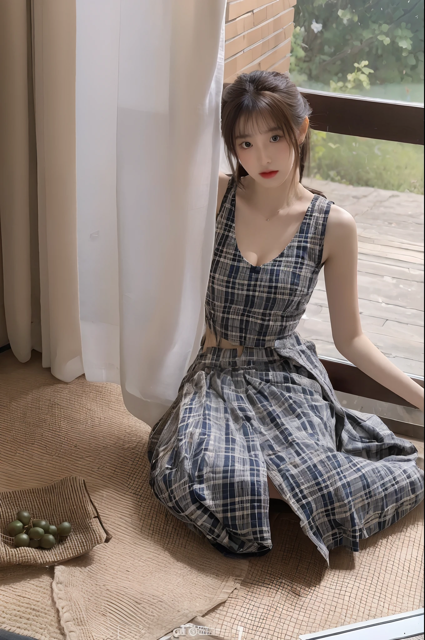 Masterpiece, best quality, (realistic, realistic: 1.4), (RAW photo: 1.2), very detailed CG unity 8k wallpaper, very delicate and beautiful, amazing, fine details, official art, ridiculous, unbelievably ridiculous , huge file size, super detailed, very detailed, pretty detailed girl, very detailed eyes and face, beautiful detailed eyes, light on face, 1girl, long hair, ((ponytail)), solo, cute, looking at viewer, (perfect female figure) , slender waist, full body, big breasts, standing, school uniform, miniskirt, miniskirt, plaid skirt, navel, cropped navel, tank top, bare arms, bangs, school, classroom, ulzzang-6500- v1.1
