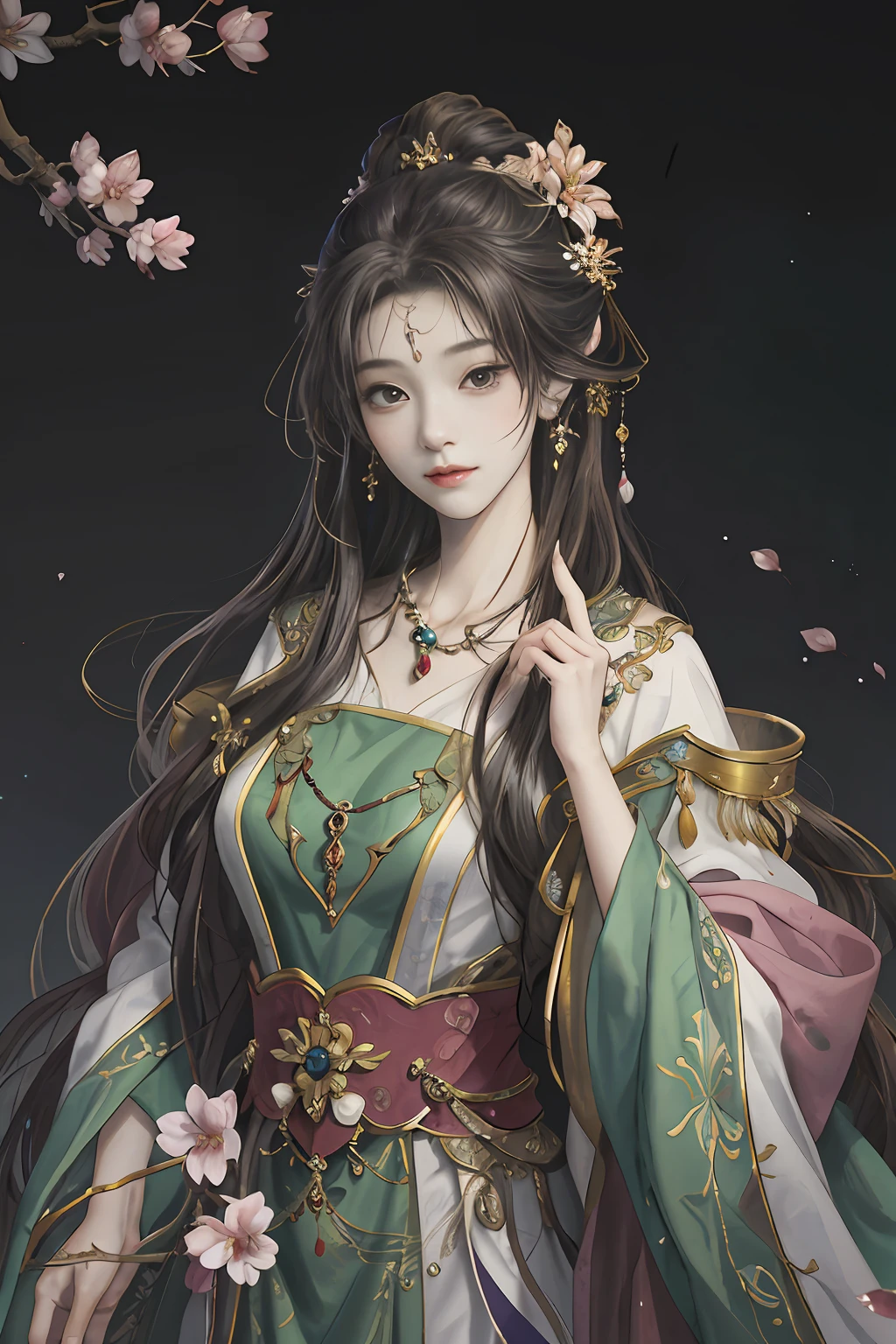 Original,(illustratio:1.1),(best qualtiy),(tmasterpiece:1.1),(the Extremely Detailed CG Unity 8K Wallpapers),(a color:1.2),1 Plum Blossom God,goddes,Bust,ancient costume,best qualtiy,Extremely detailed jewelry,Plum petals,scenecy,rios|Wagas,