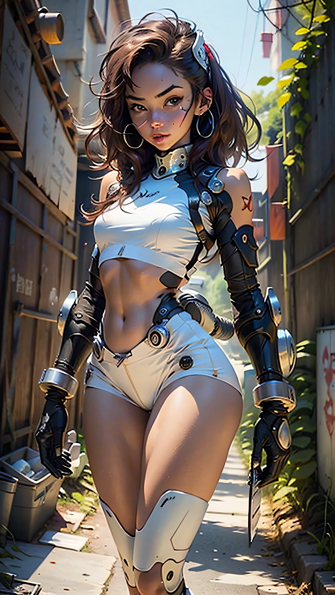 Woman body defined thick thighs cybernetic body parts, short underwear