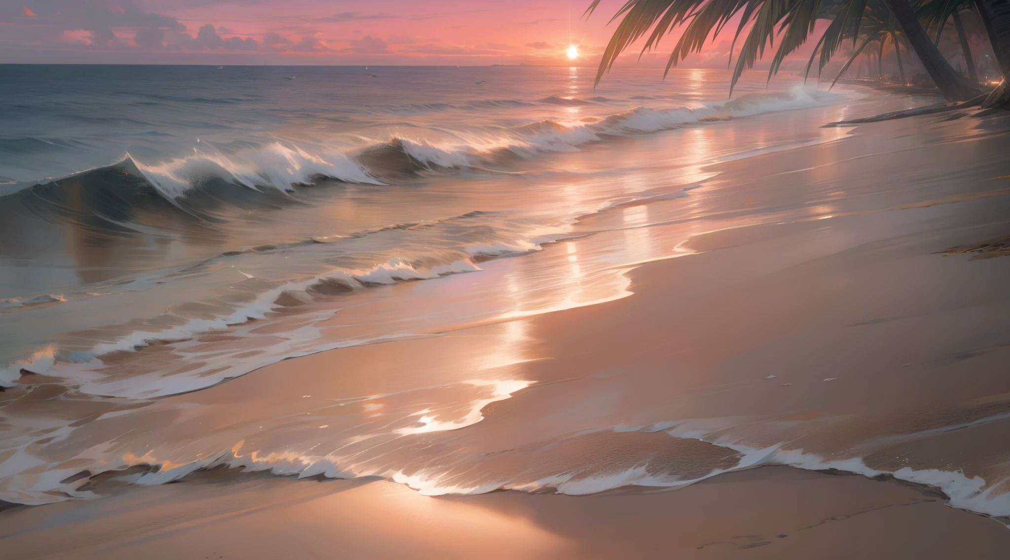 An absolutely mesmerizing sunset on the beach with a mix of orange, pink and yellow in the sky. The water is crystal clear, gently kissing the shore, and the white sand beach stretches as far as the eye can see. The scene is dynamic and breathtaking, with seagulls soaring high in the sky and palm trees gently swaying. Soak up the calm atmosphere and let the tranquility envelope.