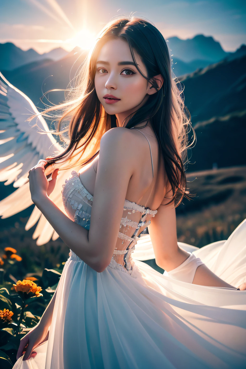 Woman with white wings, ((wings)), long dress detailed, ((bloom)), (masterpiece), (mindfully colorful), divine rays, (ultra high quality), (8K quality ), depth of field, bursts of wind, ((soft detail)), dark style, ((ray tracing effect)), (realistic: 1.3), (sharpened), mountain, multi layers, high gloss, detailed flare, (body curved), DLSR, 8K UHD, (sun glare), detailed ambient lighting, glitters, intense sun, sunny day, clouds