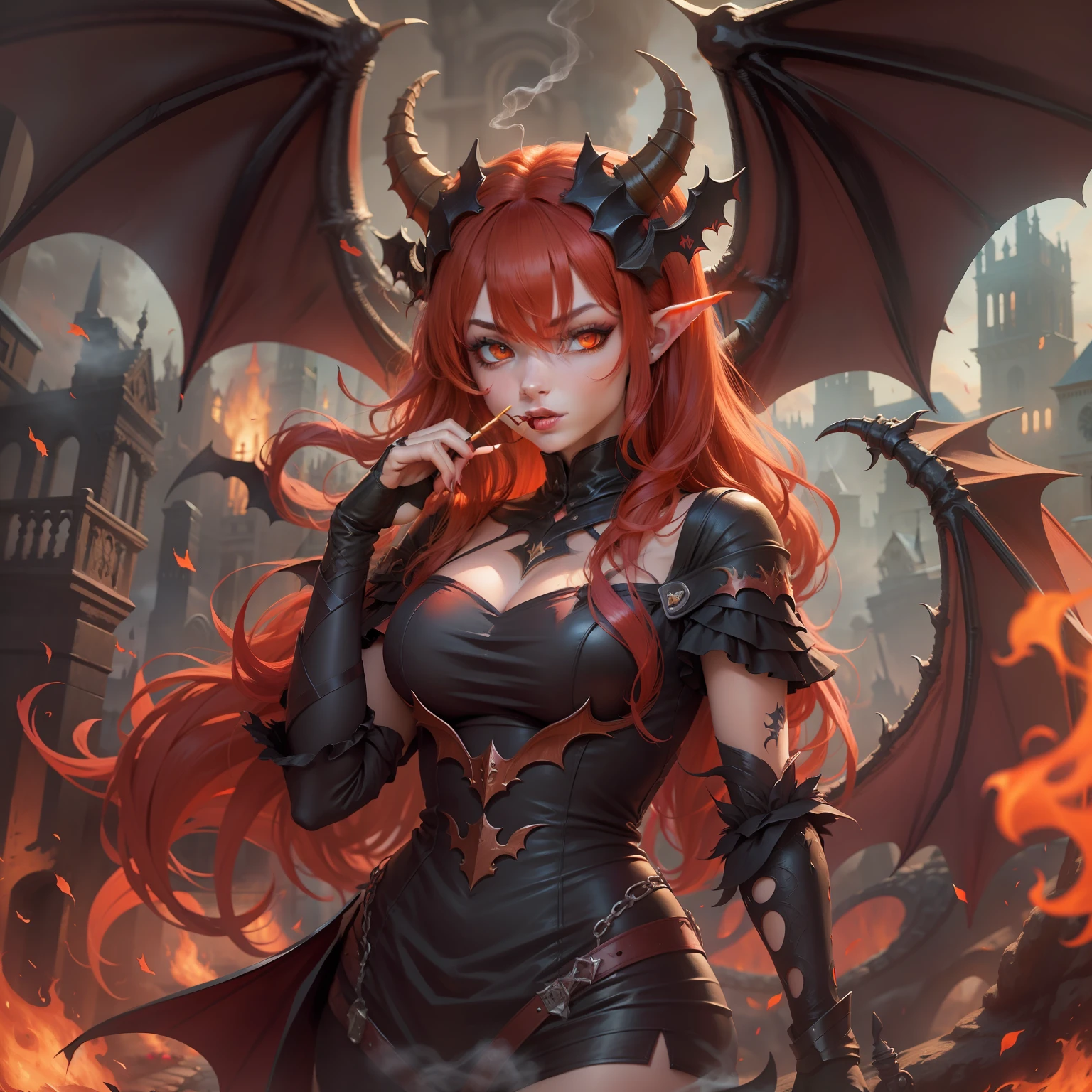 Dragon girl, red hair, horns, bat wings, bright orange eyes, medieval background, smoking cigarette