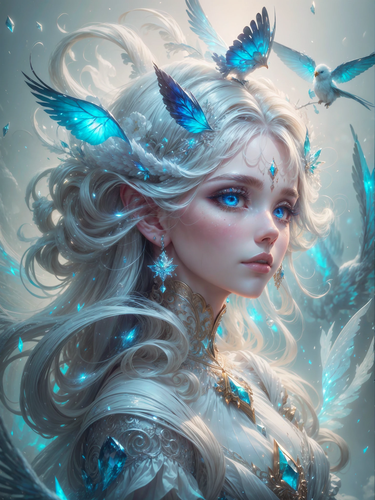 Generate a pretty and realistic fantasy artwork with bold jewel-toned hues, pretty glitter and shimmer, and lots of snowflakes. Generate a luminous and petite woman with curly hair, metallic hair, and realistically textured hair. Her skin is pure white and seems to glow in the light. The woman's face is important: include ((soft, puffy, big lips, elegant features, and the most (((beautiful detailed macro eyes))))) in the world. The woman is in a winter landscape with soft falling snow and snowflakes, soft white fur, subtle iridescent details, subtle phantasmal iridescent details, and intricate and delicate jewelry that glimmers in the light. Include many small fantasy details like gossamer silk, feathers, delicate and stunning embroidery, and luminous lighting that glimmers. The woman's face is unobscured by details and her eyes are sharp and in high resolution. Incorporate dreamy colors, dynamic lighting, and detailed background elements to create a sense of awe and immersion. Include colorful flying magical birds and jewel-toned butterflies radiating a magical aura. Consider the latest trends in fantasy art, such as incorporating unique lighting effects, exploring dynamic and compelling composition techniques, and experimenting with unique color palettes. Take inspiration from the top artists on ArtStation and Midjourney. Camera: Choose an angle that highlights the character's beauty and enhances the magical majesty of the artwork. Lighting: Utilize atmospheric lighting techniques to create depth and mood. Resolution: Aim for a high-resolution artwork to showcase intricate details and clarity. Art Inspirations: Seek inspiration from the trending artists on ArtStation, exploring different styles, genres, and themes. white skin, pale skin, really pale skin, really white skin, beautiful eyes, fantasy details, shimmer, glimmer, magical birds, magical butterflies, ornate, (((masterpiece))), add_detail:1, earth \(planet\),