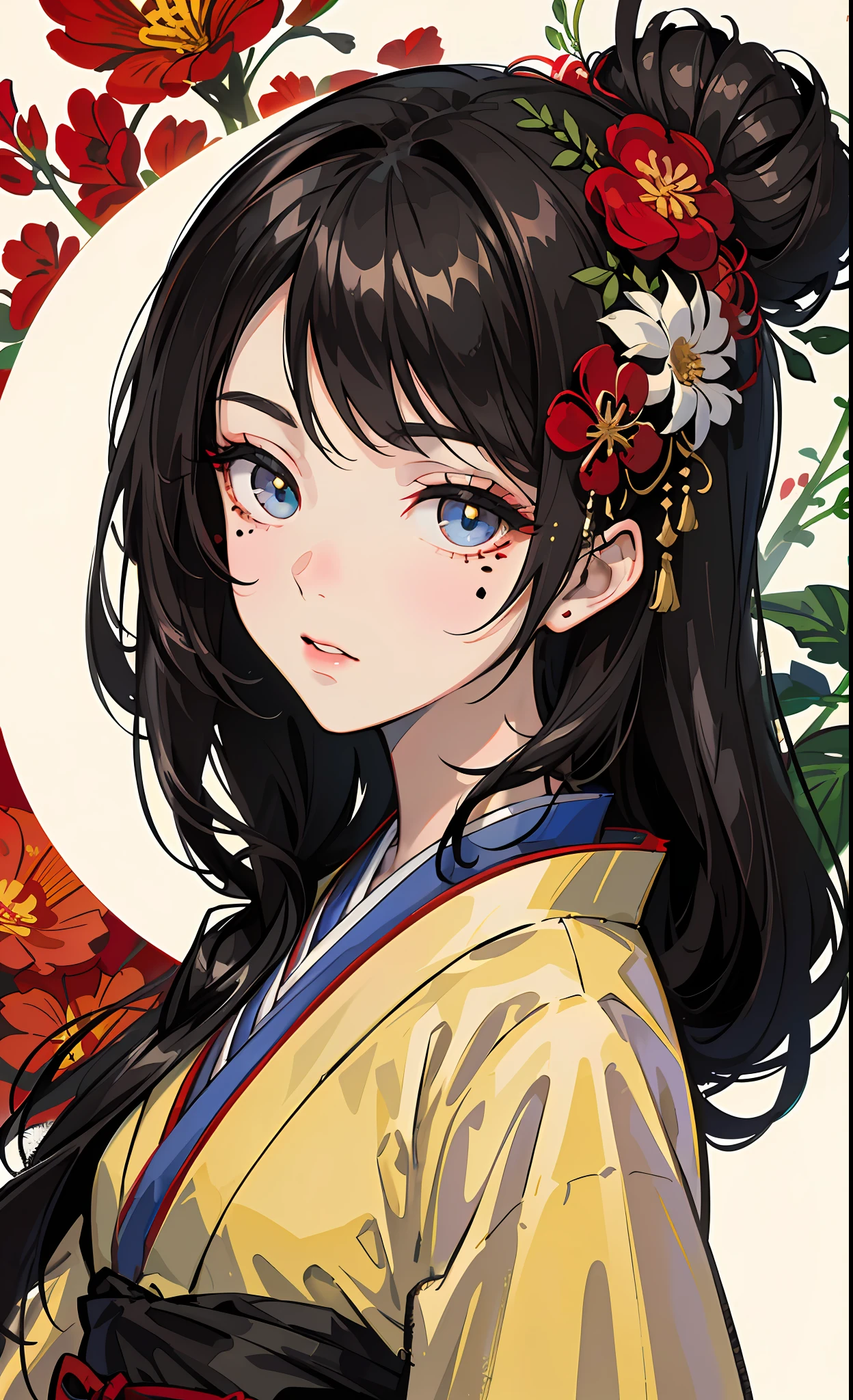 Masterpiece,Best quality,absurderes,Original,Extremely delicate and beautiful,Beautiful detailed eyes and face,1girll, black_Hair, flower, Japanese_clothes, Looking_at_peeping at the viewer, dark mole, Red_flower, Solo,(Masterpiece:1.4),(Best quality:1.4),chch-style