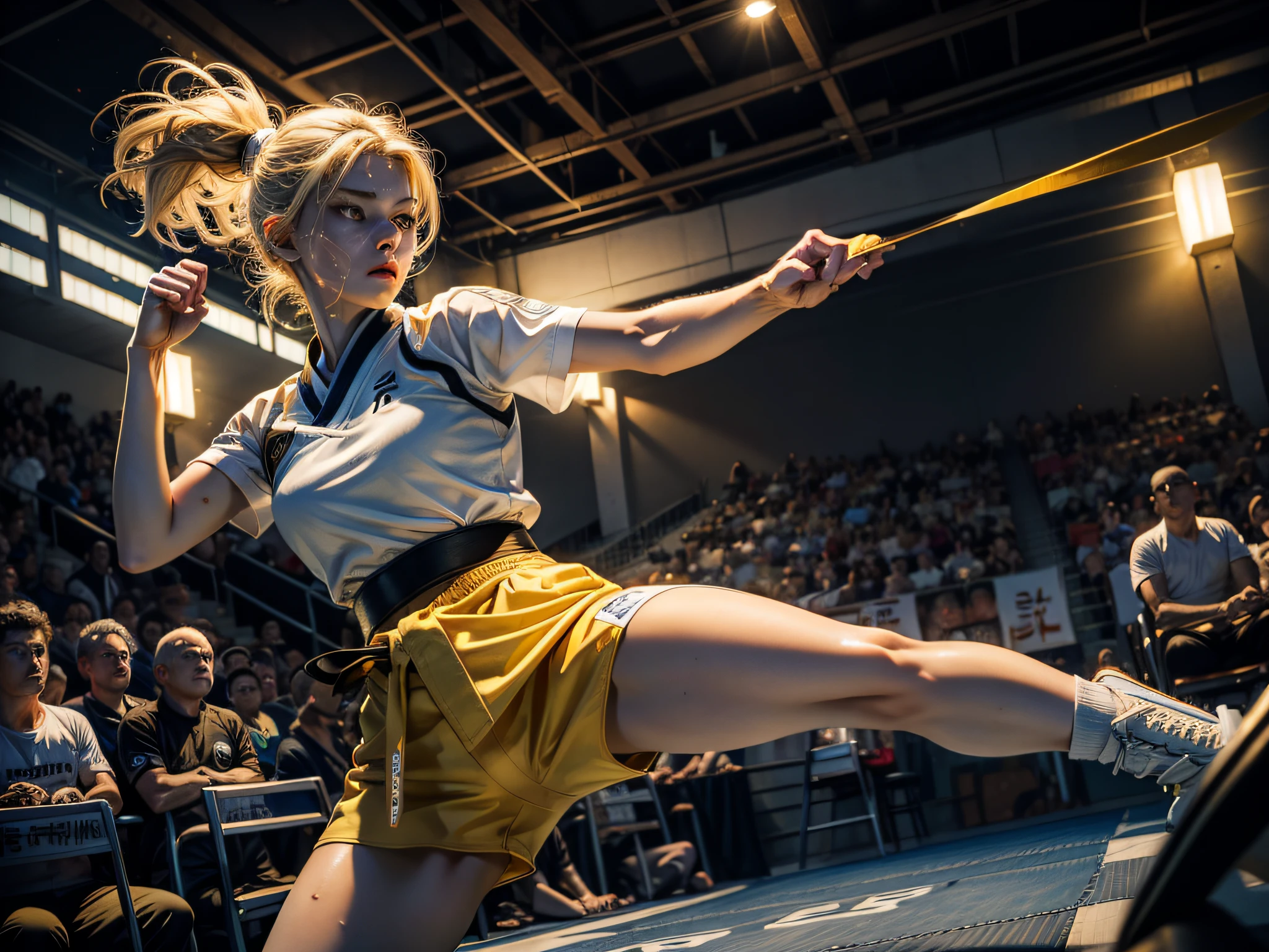 ((Best Quality)), ((Masterpiece)), (Detailed: 1.4), 16k, (((1girl))), very big chest, slim waist, short blonde hair, ((yellow eyes)), eyes detailed, ((eyes emitting intense glow)), muscular, extremely defined body, sweaty, ((taekwondo outfit)), sexy micro shorts, serious look, mat, performing the poomsae kick pose, in a martial arts fighting competition , extremely detailed image, detail in the audience.