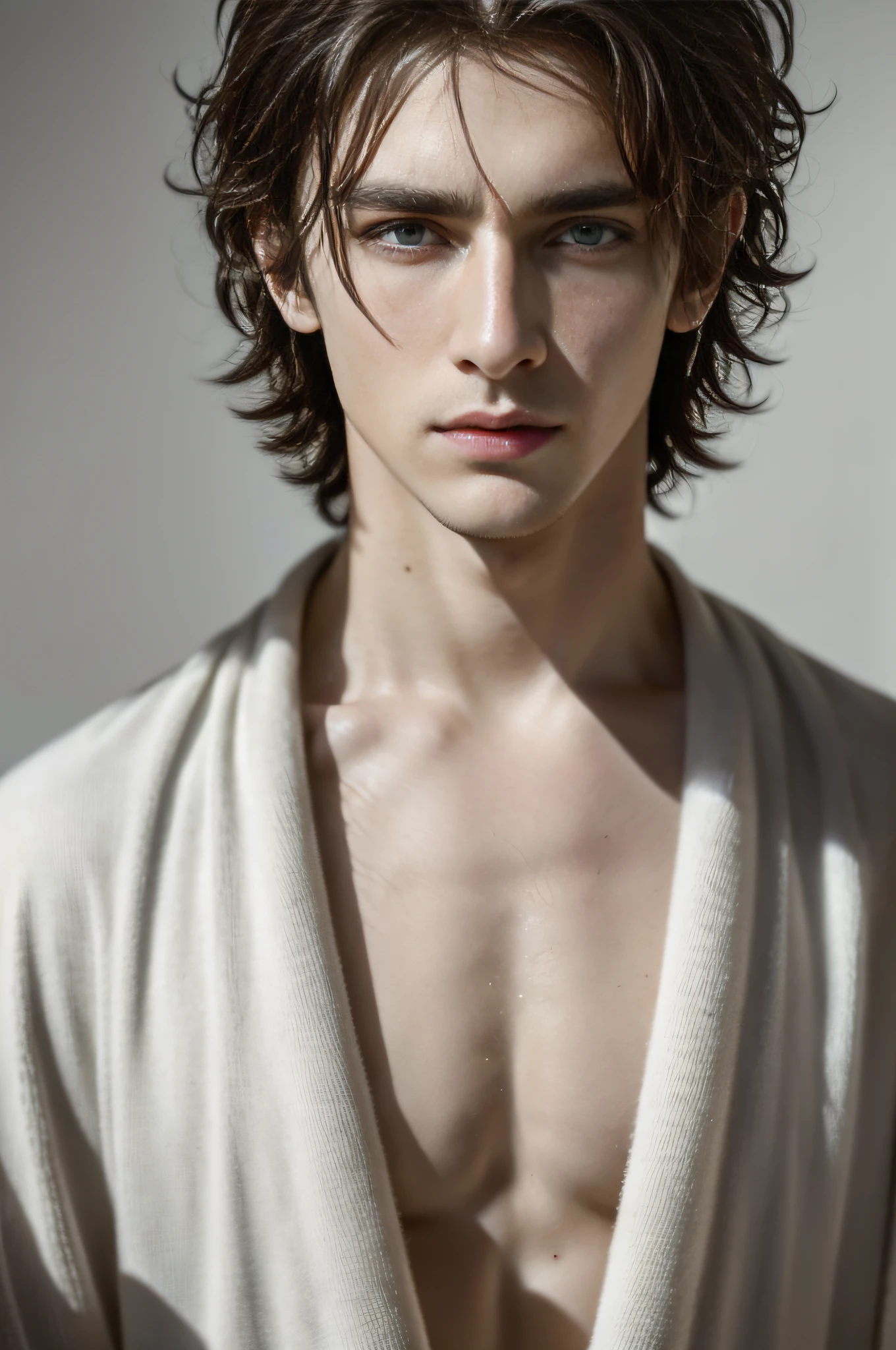 Belgian male actor,1 man, ,Very handsome,master-piece,Magazine style, (Eyes with realistic details, Natural textures, Realistic face details), Breathtaking light, soft., deep depth of field, bokeh, vibrant details, exquisitely detailed, hyperrealistic,White dress,dark gray background,(Body Show)