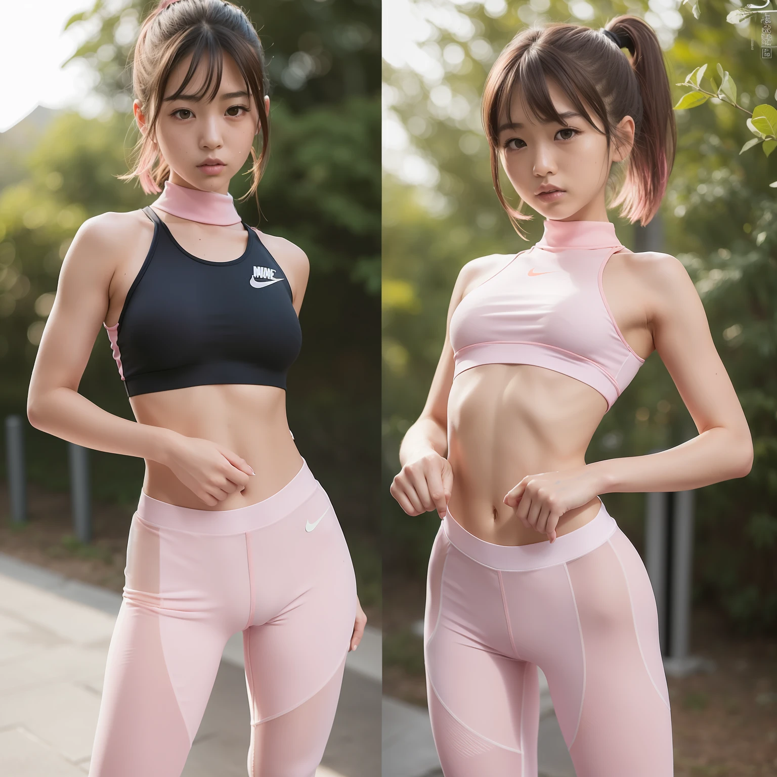 (Solo), (a detailed full-body RAW photo of a girl), (masutepiece:1.0), (Best Quality:1.4), (超A high resolution:1.2), (Photorealistic:1.4), 8K resolution, Canon EOS R5, 50 millimeters, absurderes, ultra-detailliert, (30yo), back focus, Cinematic lighting, Detailed beautiful face, (no-makeup:1.2), (ulzzang -6500-v1.1), petite figure, Detailed skin texture, (flat chest:1.4), (skinny and fit body:1.6), Detailed brown hair, sweltering,(Very short hair:1.5), See Through wear, (shine pink Nike Wet Thin Competition Athletic Wear and spandex sports tights:1.5), More transparent, low rise, realistic glistening skin, Detailed texture, (erect nipples:1.5), stylish pose, (satomi ishihara:0.7), Cameltoe, well-developed abs,