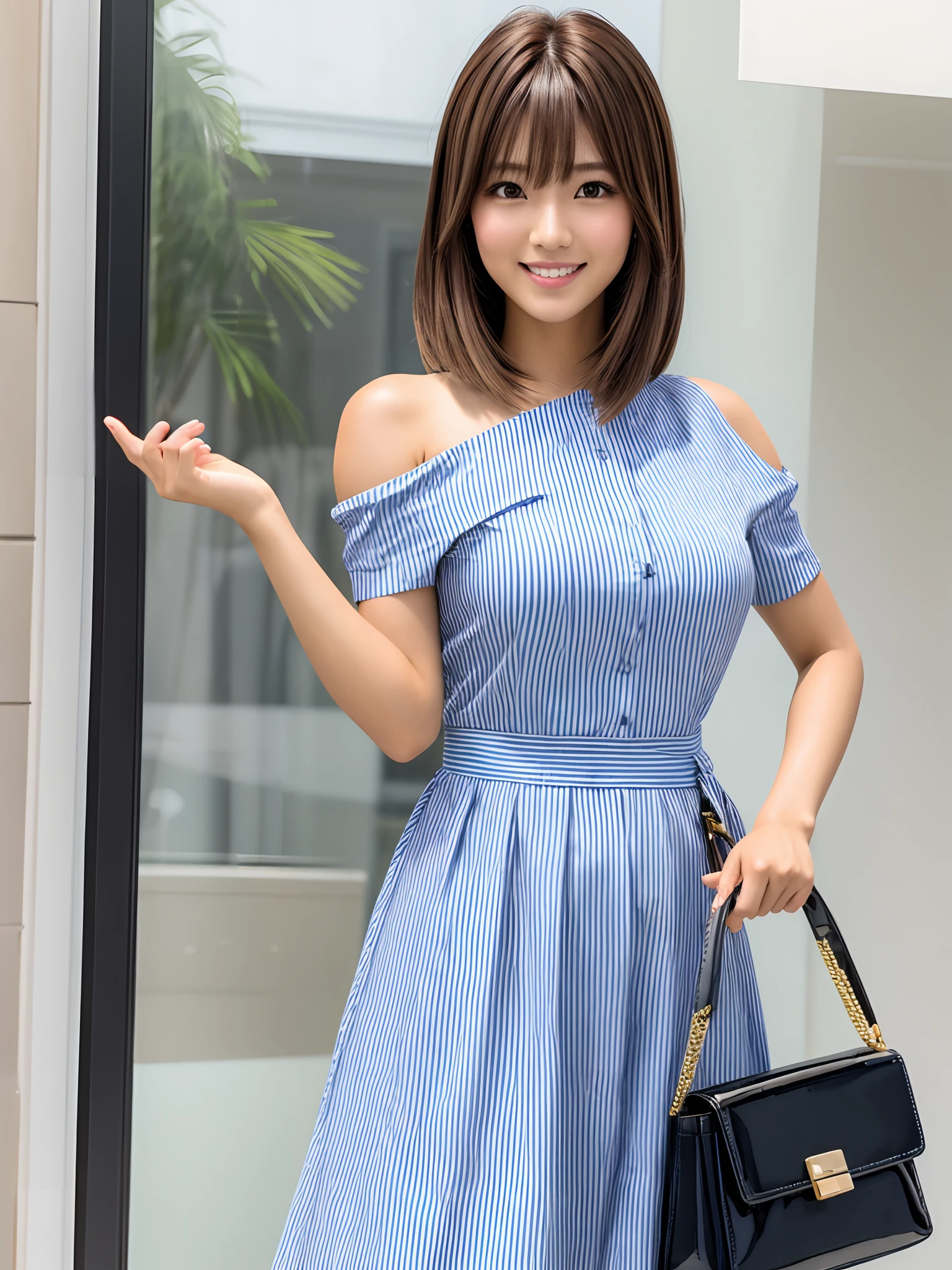 product quality, upper body shot, front view, a Japanese young pretty woman, in a snazzy boutique with a big smile, choosing clothes, carrying a shoulder bag, glamorous figure, busty, wearing a short sleeves one piece of stripes blue and white, hyper cute face, glossy lips, double eyelids in both eyes, Natural makeup, long eyelashes, shiny smooth light brown hair of long bob hair, asymmetrical bangs, tanned skin, central image, high resolution, high detail, detailed hairstyle, detailed face, spectacular cinematic lighting, octane rendering, vibrant, hyper realistic, perfect limbs, perfect anatomy