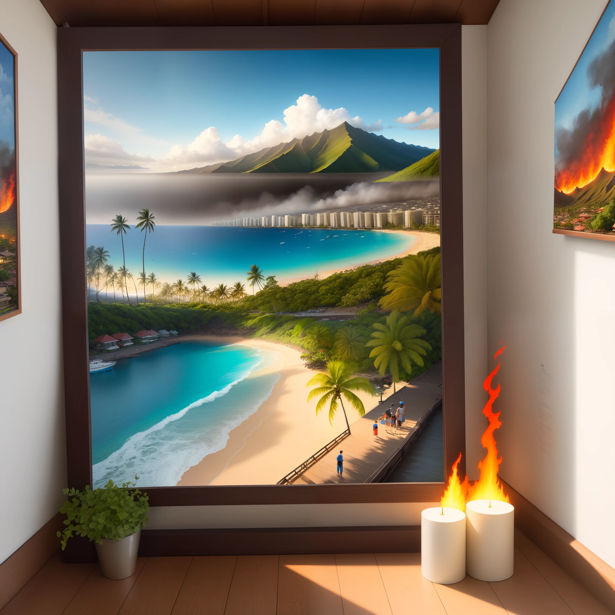 Hawaii Lahaina burning, painting from the water view, stile by christian lassen, Best quality, realistic, award-winning illustration in color, (complicated detail: 1.2), (fine detail) christian lassen stile