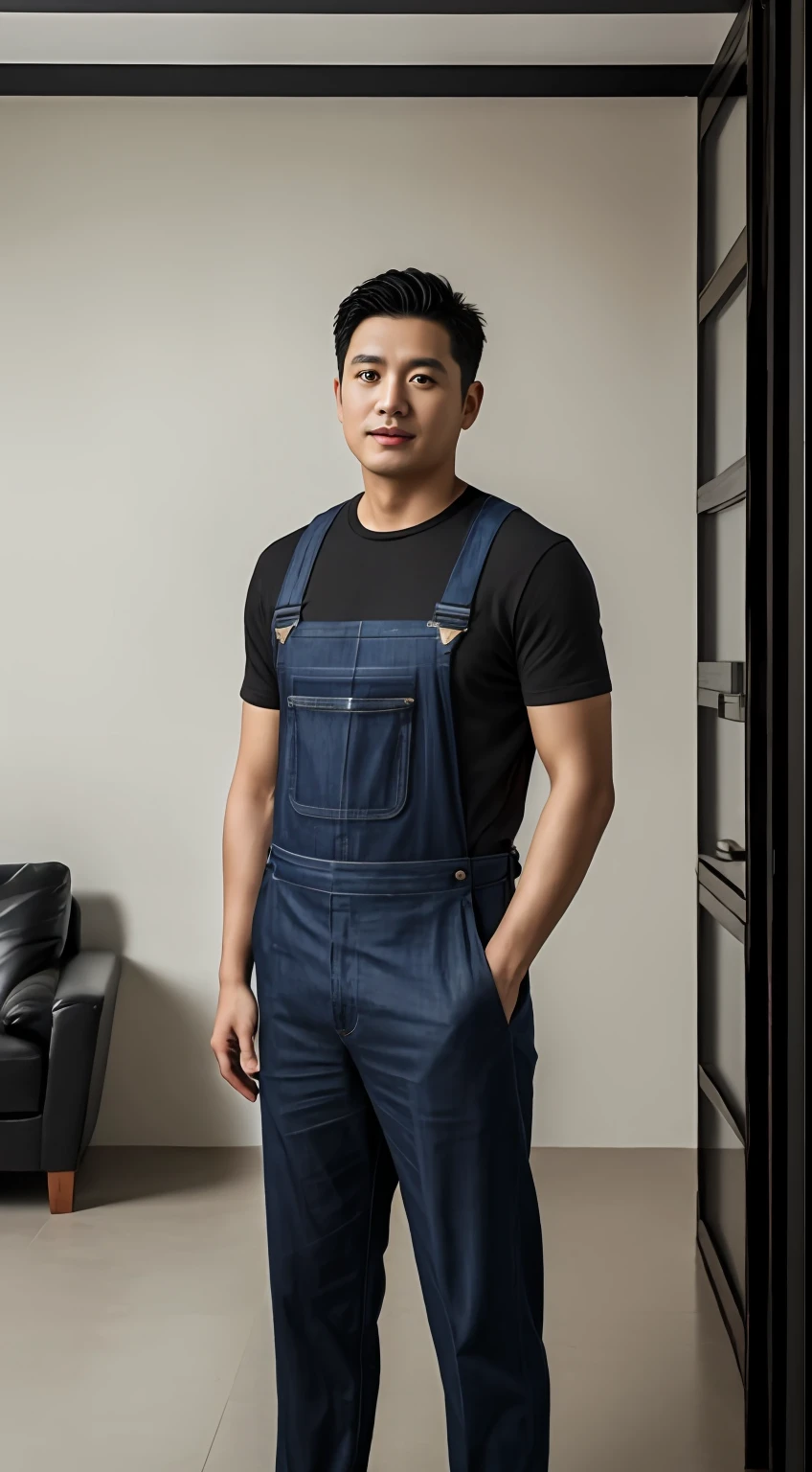 aged 40,Asian male renovation worker, A resolute face, Bronzed skin, figure portrait,Bright eyes, Wearing overalls,(fully body photo),Interior living room background,Photorealistic feeling, Masterpiece, hyper HD, Textured skin,, Super detail, Best quality, High quality, A high resolution, 4K