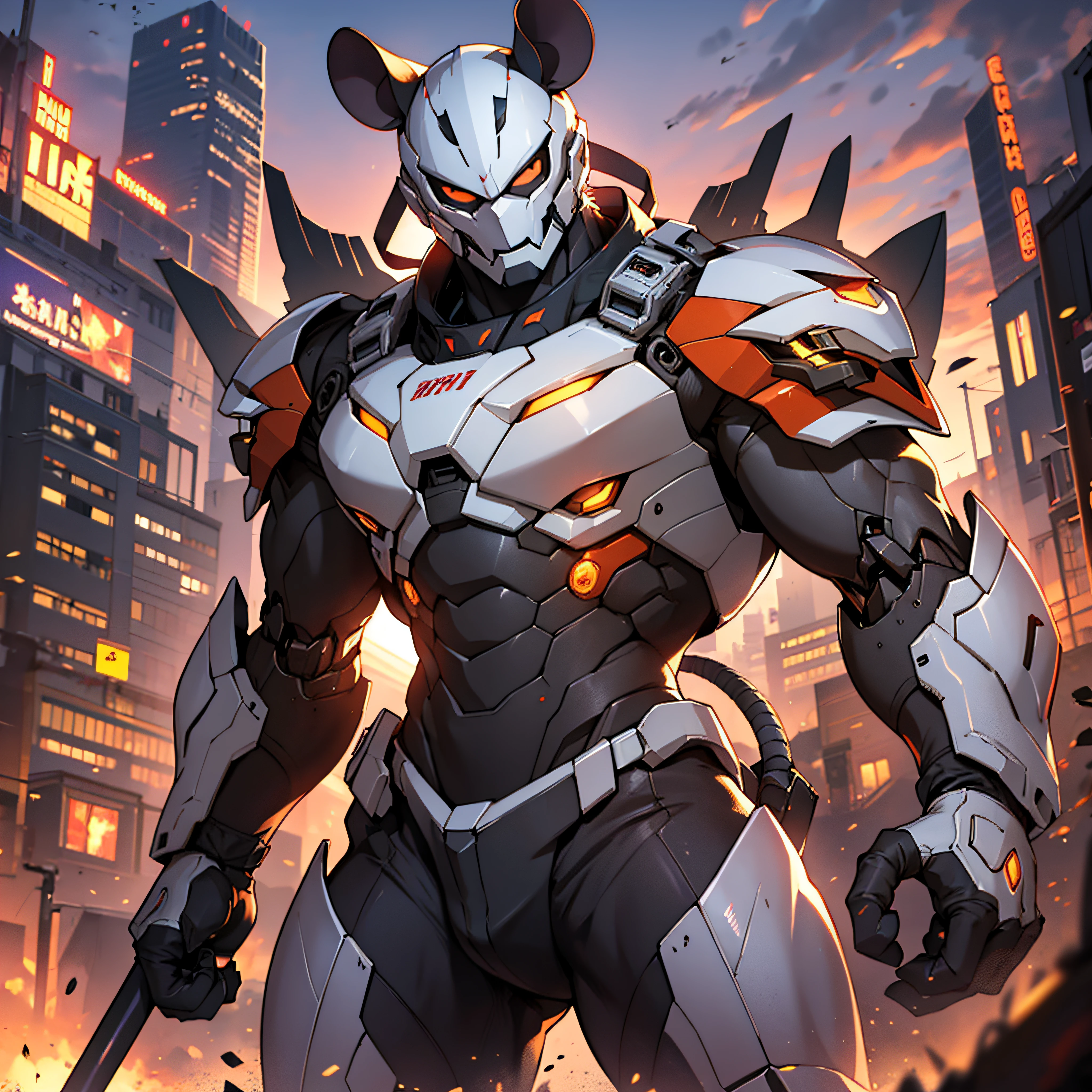 mouse Head,(No mask:1.5),masterpiece,best quality,dusk,muscular male,depth of field,messy,Battlefield,mecha danshi,