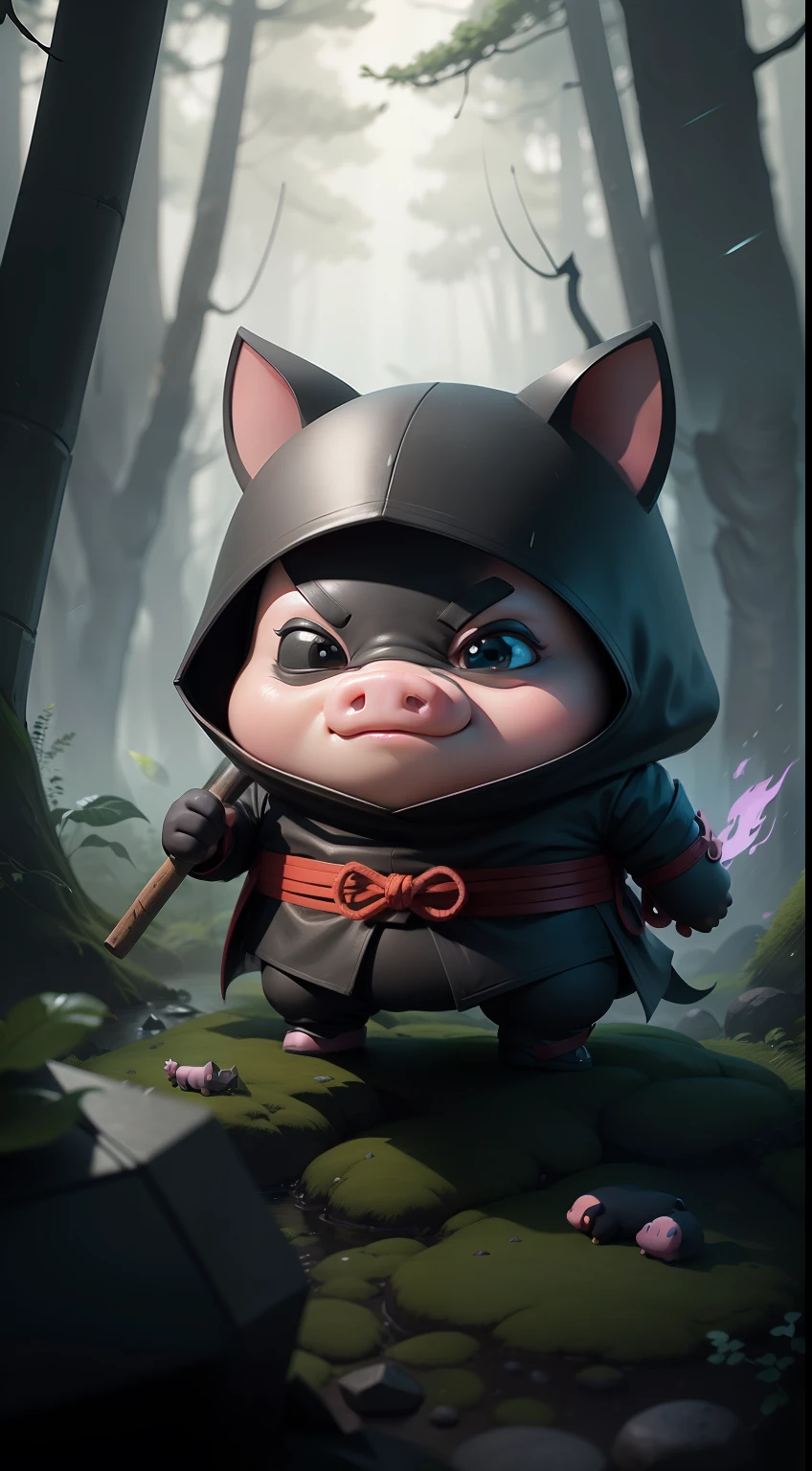 Create a vibrant dark fantasy cute ninja pig in a clean-lined minimalistic cartoon style, in the background a beautiful forest, rain, octane render, 8k