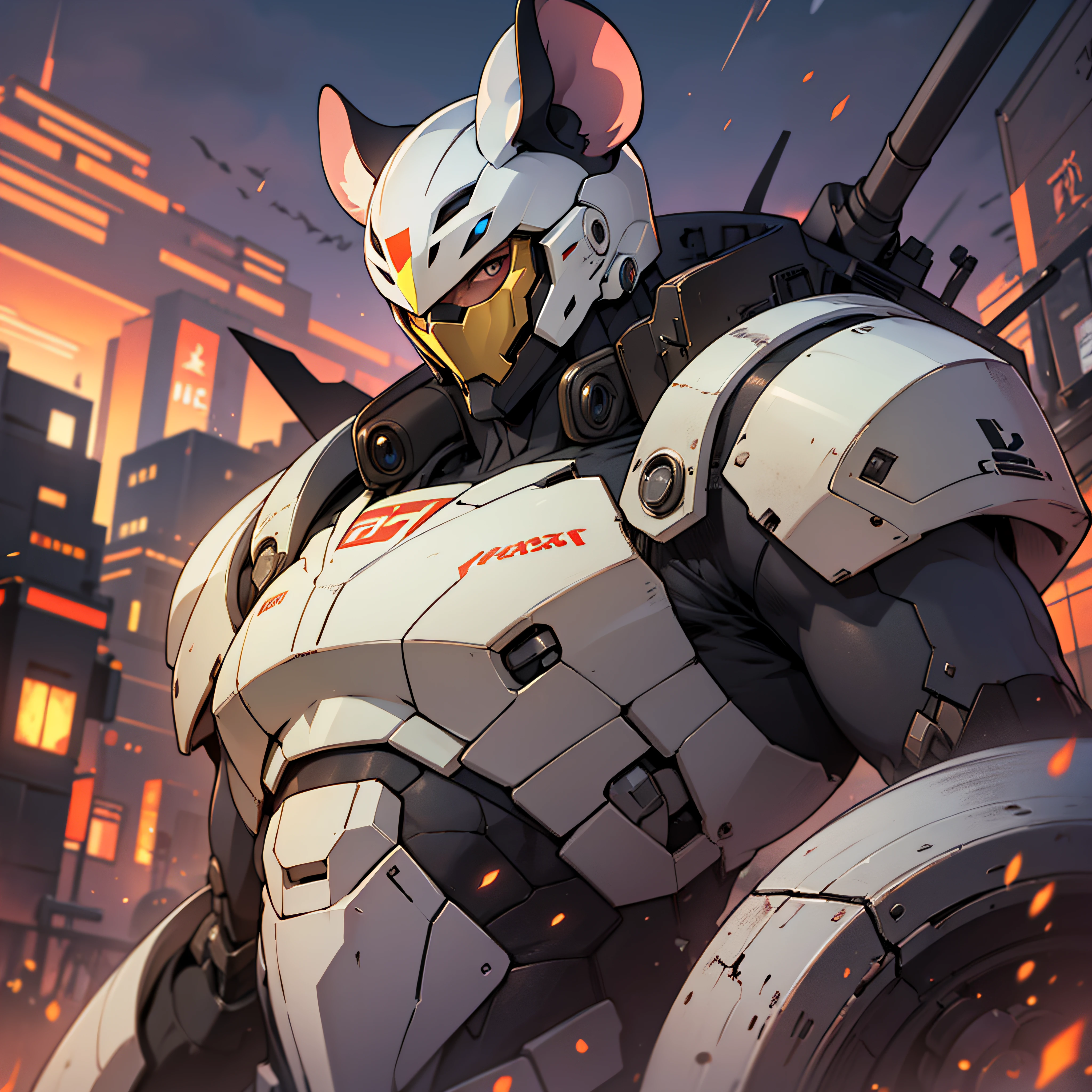 mouse Head,(No mask:1.5),masterpiece,best quality,dusk,muscular male,depth of field,messy,Battlefield,mecha danshi,