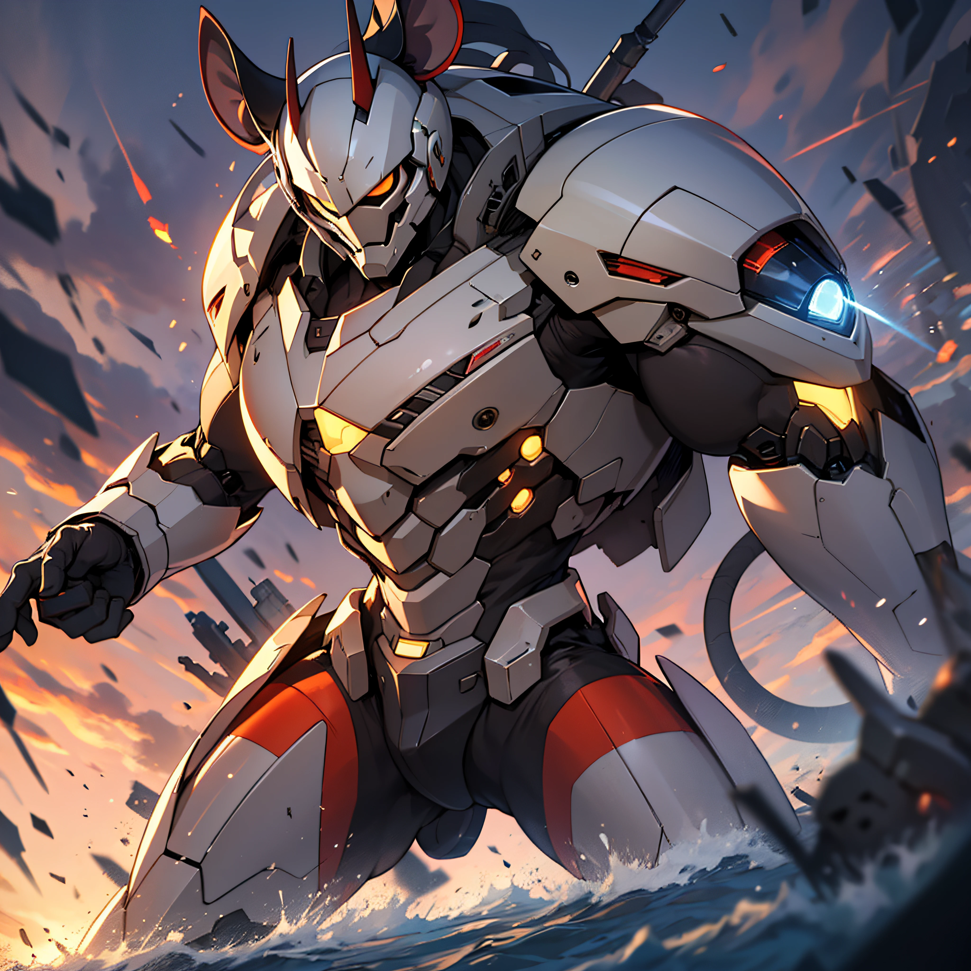 mouse Head,(No mask:1.5),masterpiece,best quality,dusk,muscular male,depth of field,messy,Battlefield,mecha danshi,