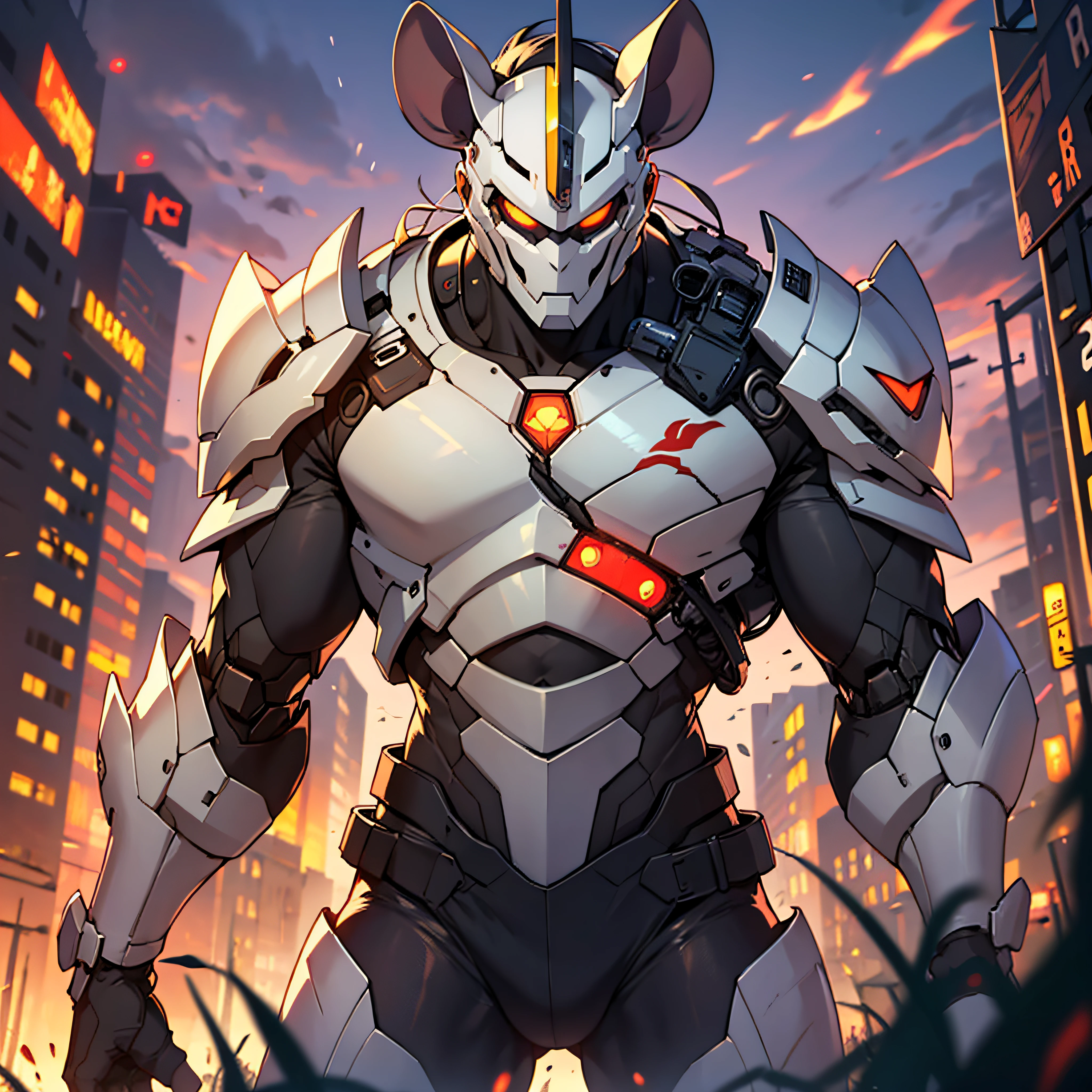 mouse Head,(No mask:1.5),masterpiece,best quality,dusk,muscular male,depth of field,messy,Battlefield,mecha danshi,