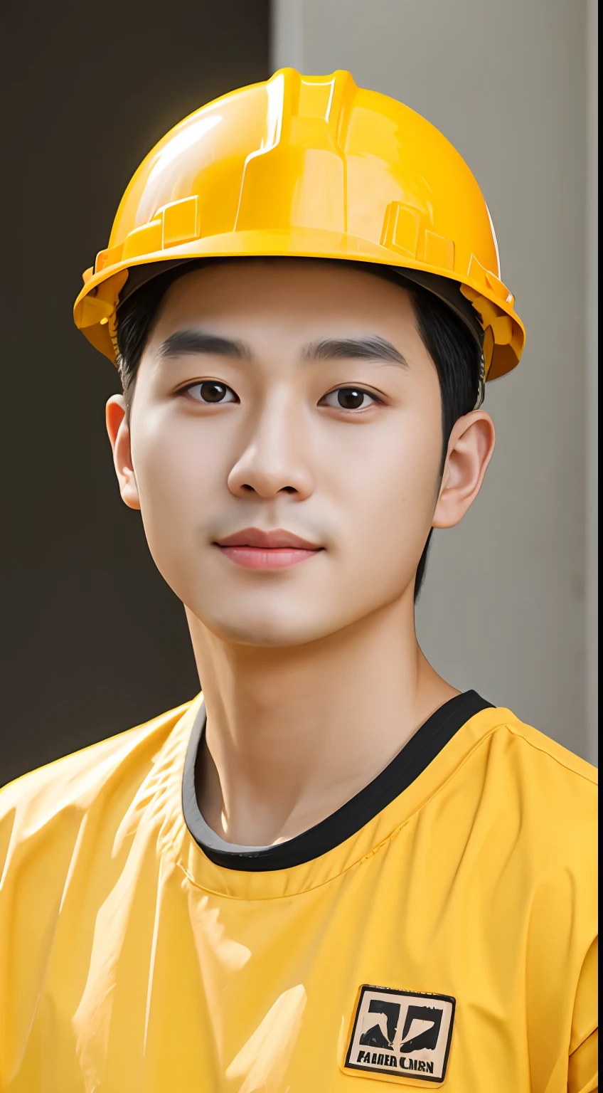 30 years old Asian male renovation worker, A resolute face, Bronzed skin, The eyes are bright and luminous, Wear a yellow hard hat, Wear white half-sleeves，Photorealistic feeling, Masterpiece, hyper HD, Textured skin,, Super detail, Best quality, High quality, A high resolution, 4K