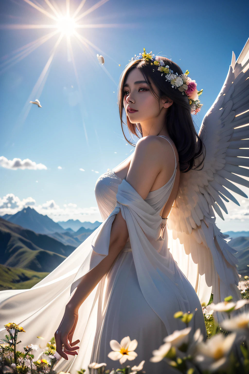 Woman with white wings, ((wings)), long dress detailed, ((bloom)), (masterpiece), (mindfully colorful), divine rays, (ultra high quality), (8K quality ), depth of field, bursts of wind, ((soft detail)), dark style, ((ray tracing effect)), (realistic: 1.3), (sharpened), mountain, multi layers, high gloss, detailed flare, (body curved), DLSR, 8K UHD, (sun glare), detailed ambient lighting, glitters, intense sun, sunny day, clouds