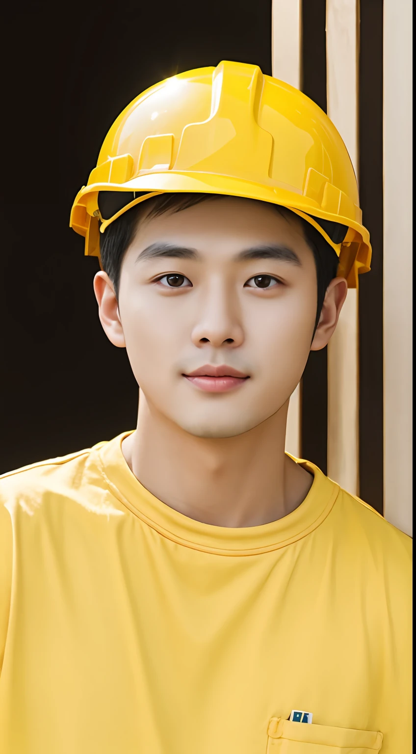 30 years old Asian male renovation worker, A resolute face, Bronzed skin, The eyes are bright and luminous, Wear a yellow hard hat, Wear white half-sleeves，Photorealistic feeling, Masterpiece, hyper HD, Textured skin,, Super detail, Best quality, High quality, A high resolution, 4K