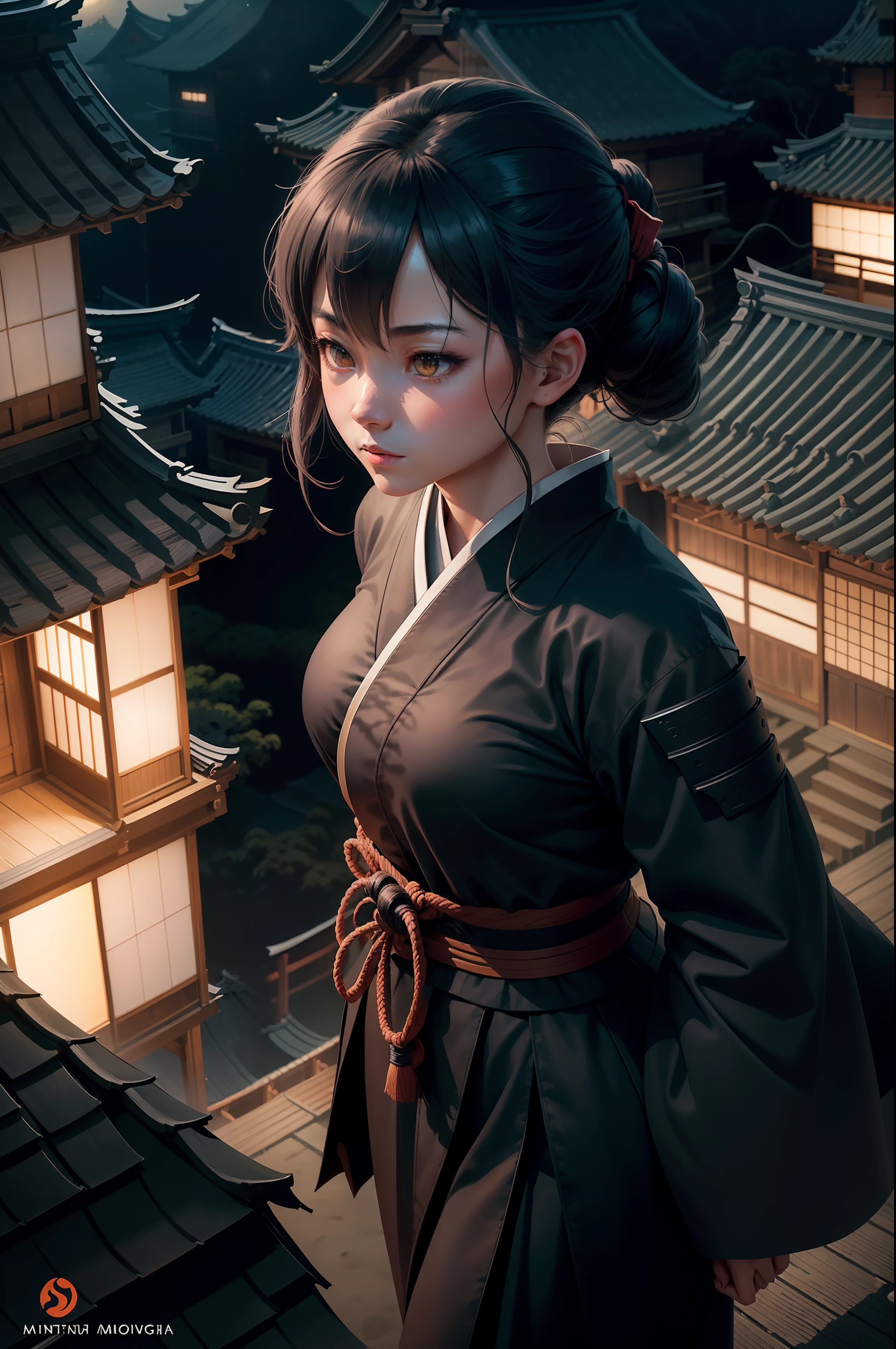 "Create a manga scene: a female ninja's silhouette atop a camouflaged house in an Edo period Japanese village at night. Moonlight outlines her figure, with only her eyes visible. The tranquil village and shadows add an air of secrecy. This AI-crafted artwork blends mystery and history, transporting viewers to a moonlit night in ancient Japan."