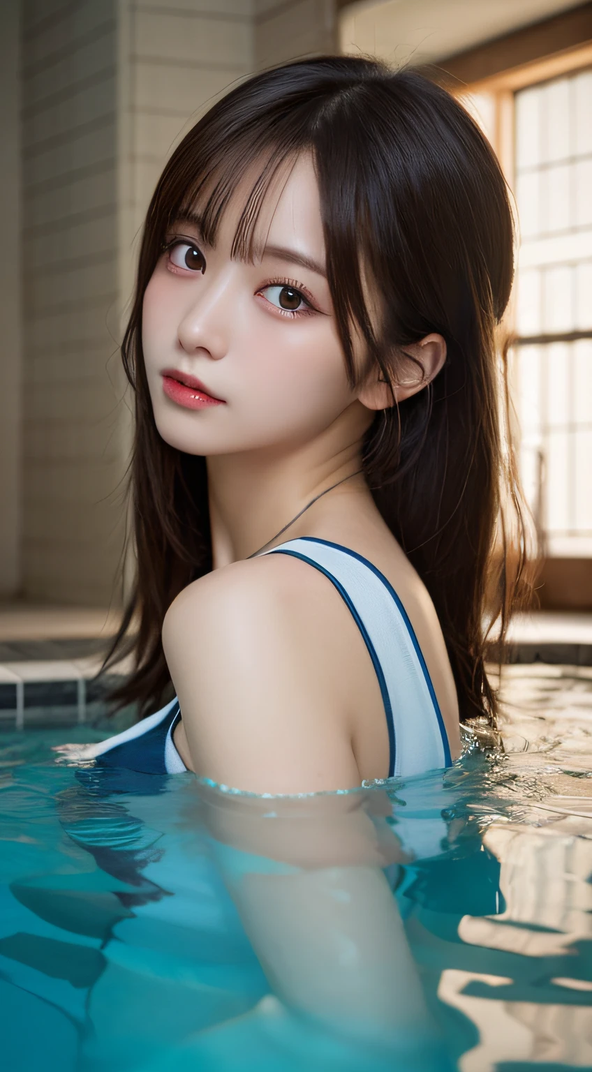 masutepiece, Best Quality, Illustration, Ultra-detailed, finely detail, hight resolution, 8K Wallpaper, Perfect dynamic composition, Beautiful detailed eyes , Pool, Sexy face