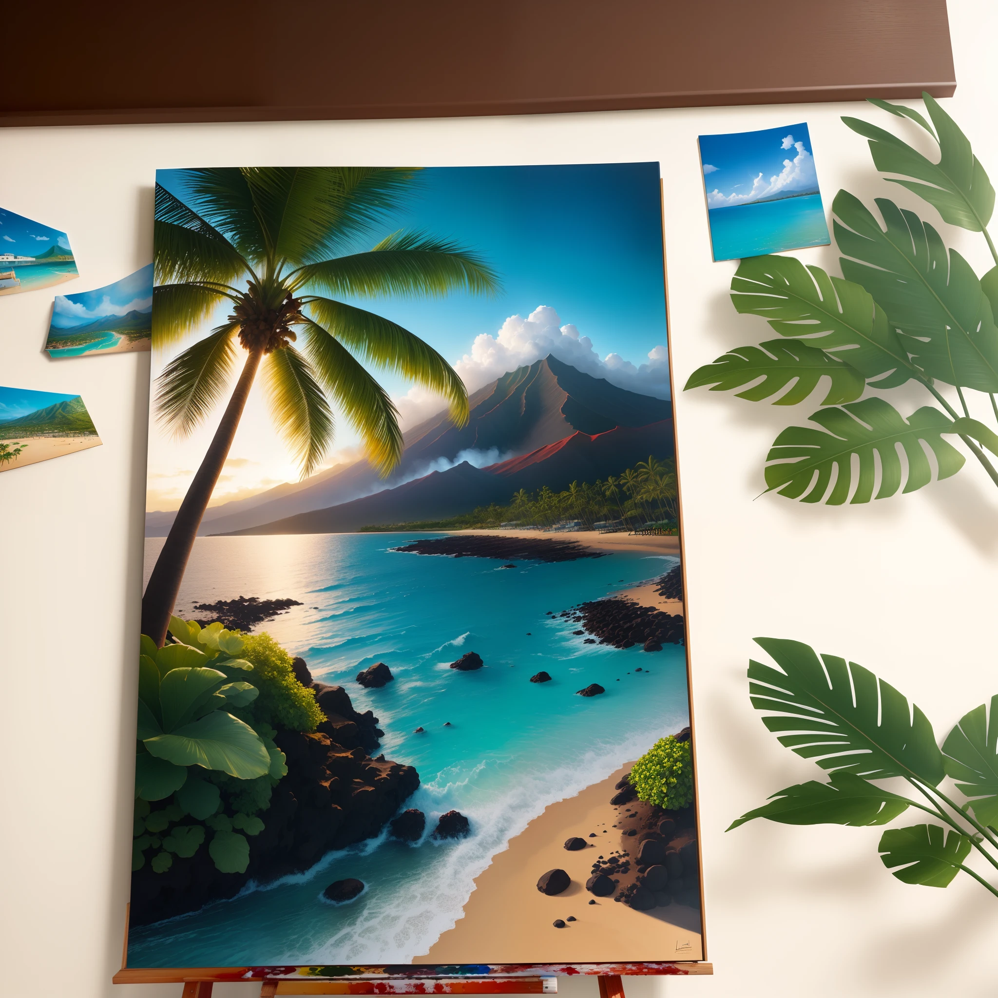 Hawaii Lahaina burning, painting from the water view, stile by christian lassen, Best quality, realistic, award-winning illustration in color, (complicated detail: 1.2), (fine detail) christian lassen stile