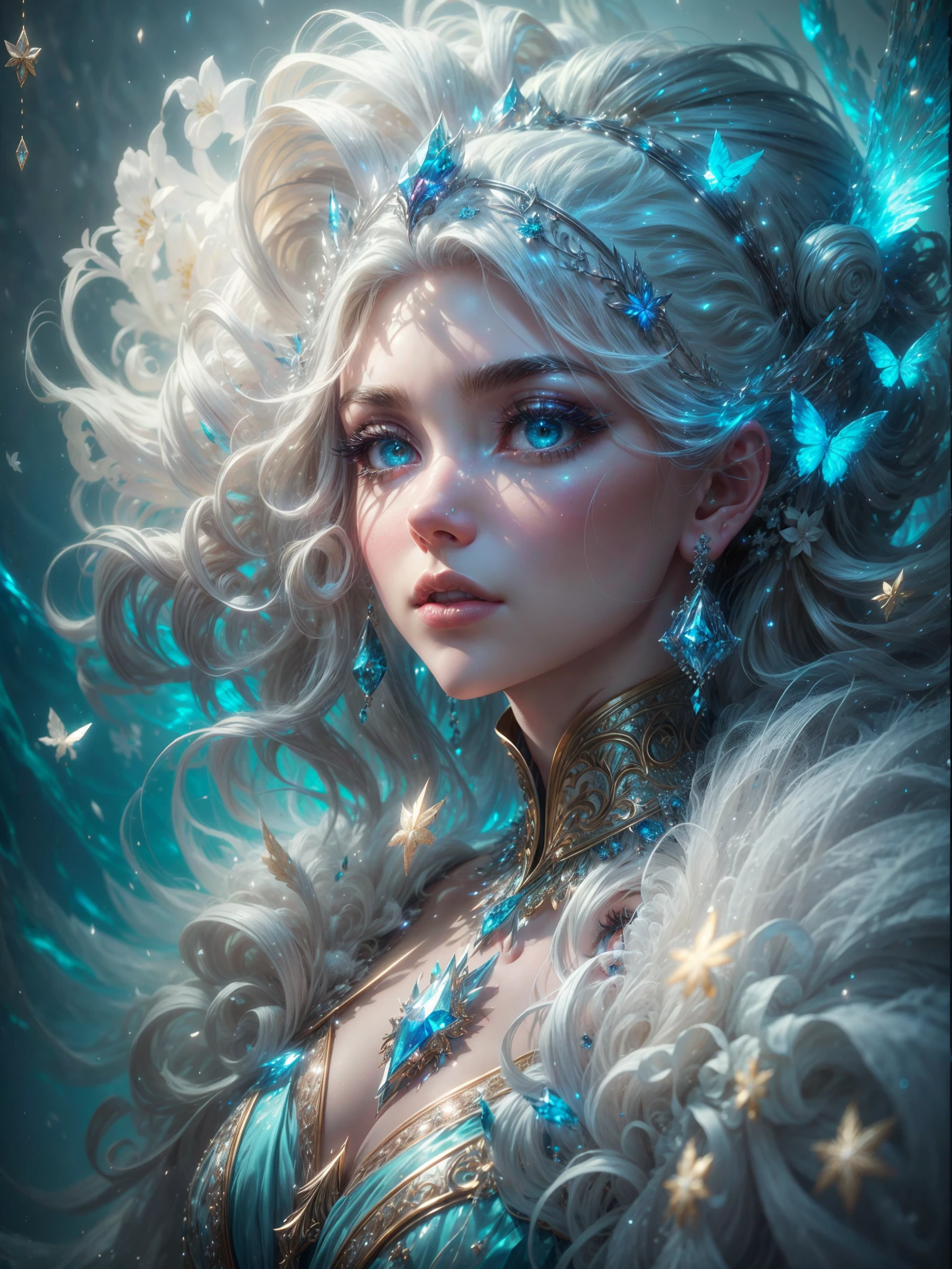 Generate a pretty and realistic fantasy artwork with bold jewel-toned hues, pretty glitter and shimmer, and lots of snowflakes. Generate a luminous and petite woman with curly hair, metallic hair, and realistically textured hair. Her skin is pure white and seems to glow in the light. The woman's face is important: include ((soft, puffy, big lips, elegant features, and the most beautiful detailed macro eyes)) in the world. The woman is in a winter landscape with soft falling snow and snowflakes, soft white fur, subtle iridescent details, subtle phantasmal iridescent details, and intricate and delicate jewelry that glimmers in the light. Include many small fantasy details like gossamer silk, feathers, delicate and stunning embroidery, and luminous lighting that glimmers. The woman's face is unobscured by details and her eyes are sharp and in high resolution. Incorporate dreamy colors, dynamic lighting, and detailed background elements to create a sense of awe and immersion. Include colorful flying magical birds and jewel-toned butterflies radiating a magical aura. Consider the latest trends in fantasy art, such as incorporating unique lighting effects, exploring dynamic and compelling composition techniques, and experimenting with unique color palettes. Take inspiration from the top artists on ArtStation and Midjourney. Camera: Choose an angle that highlights the character's beauty and enhances the magical majesty of the artwork. Lighting: Utilize atmospheric lighting techniques to create depth and mood. Resolution: Aim for a high-resolution artwork to showcase intricate details and clarity. Art Inspirations: Seek inspiration from the trending artists on ArtStation, exploring different styles, genres, and themes. white skin, pale skin, really pale skin, really white skin, beautiful eyes, fantasy details, shimmer, glimmer, magical birds, magical butterflies, ornate, (((masterpiece))), add_detail:1, earth \(planet\),