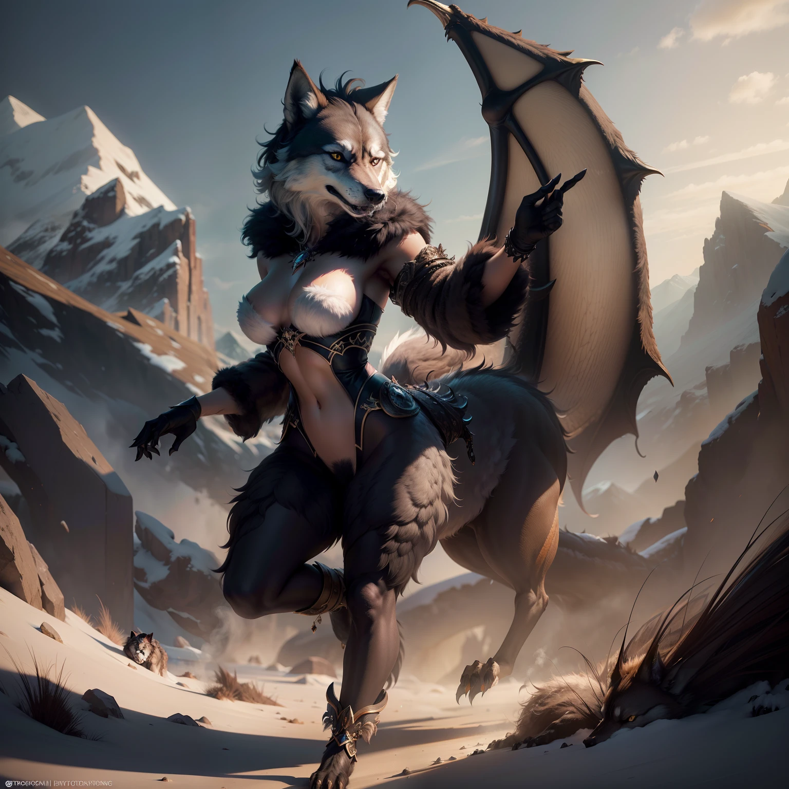 4k hd matte digital painting, hyper realistic fur, highly realistic photograph, cinematic full body shot,, volumetric fur, ultra-realistic picture, Make a gesture of majesty, hyperreal rendering，A combination of mythical creatures, The perfect female combination of wolf and dragon