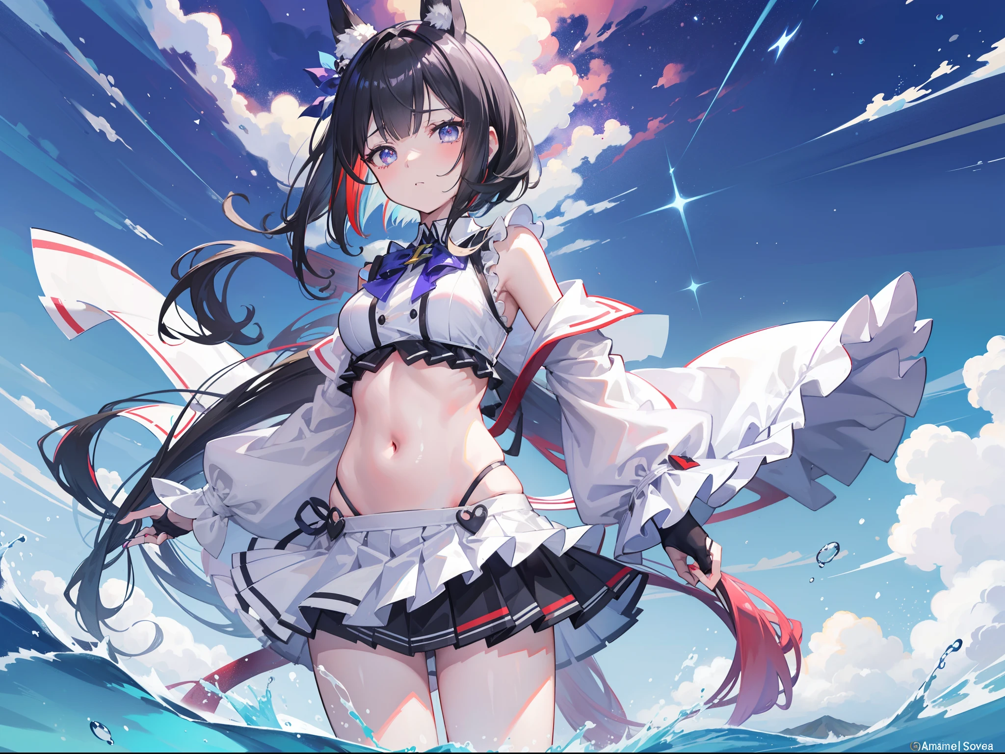 oguri cap,umamusume, kashima,kancolle, by famous artist, super fine illustrations, anime screencap, Show from the hips to the shoulders, look_up_to, eyelashes, hand_on_hip, beautiful detailed fullbody, petite, Lightning surrounds men, ,5 yearry long hair, bob cut, hair slicked back, short twintails, hair intakes, detailed black hair, multicolored hair, Thick hair, Beautiful face, cold attitude, heart-shaped_pupils, animal_ear_fluff, outh_hold, two arms, nail_polish, large_breasts, midriff, zettai_ryouiki, pale blue eyes, dark-skinned_male, cross, hair_tubes, scrunchie feathers on dress elbow_gloves sword white_dress jacket shorts sandals large top sleeves thigh_gap half decorational vertical border in the middle purple Clothes willows with branches falling into the water medium wind Floating blurry 4koma lowres extremely detailed 8K wallpaper lowres